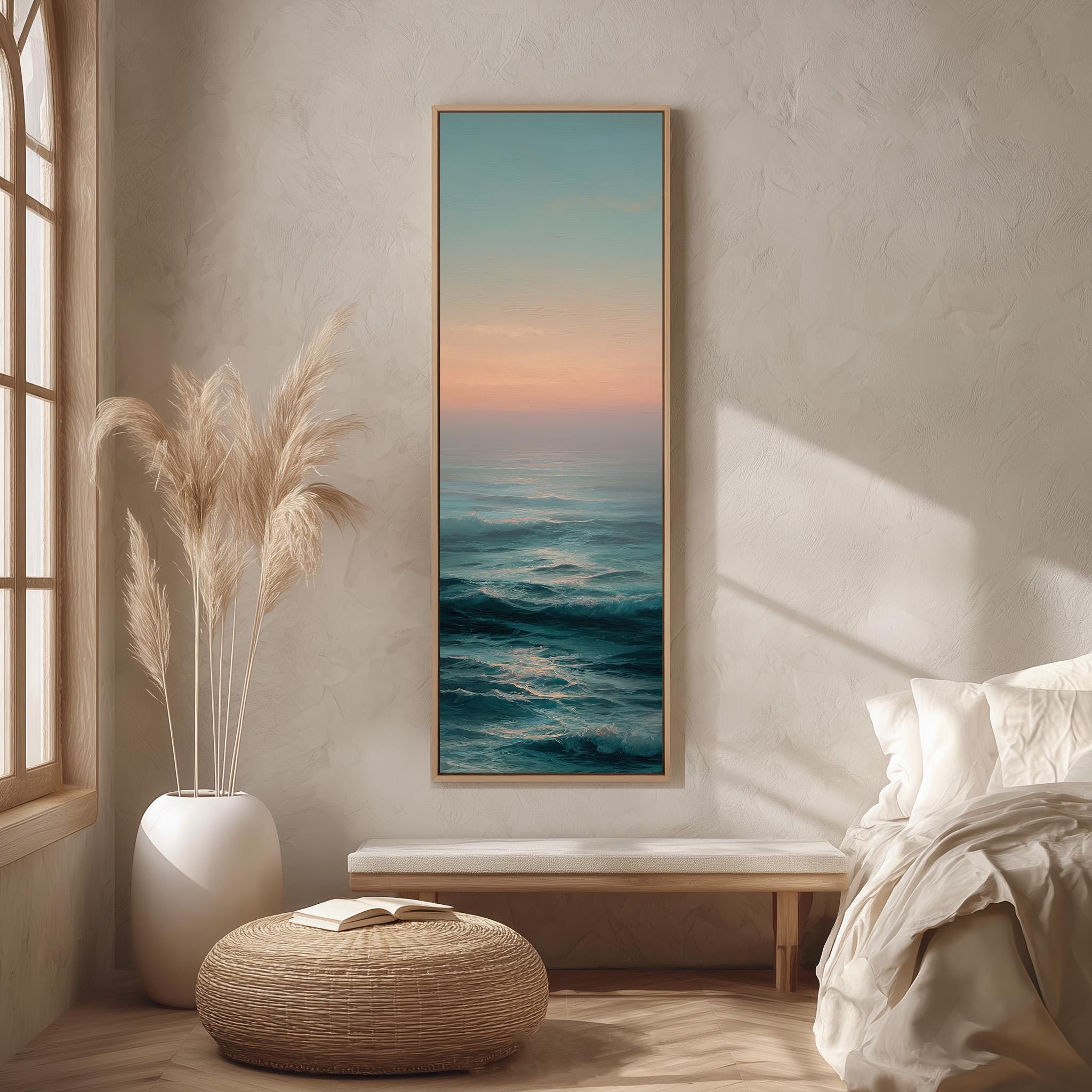 a serene bedroom scene with a large window overlooking a tranquil ocean view. The room is adorned with a white bed, a woven ottoman, and a potted plant, creating a calming and peaceful atmosphere.