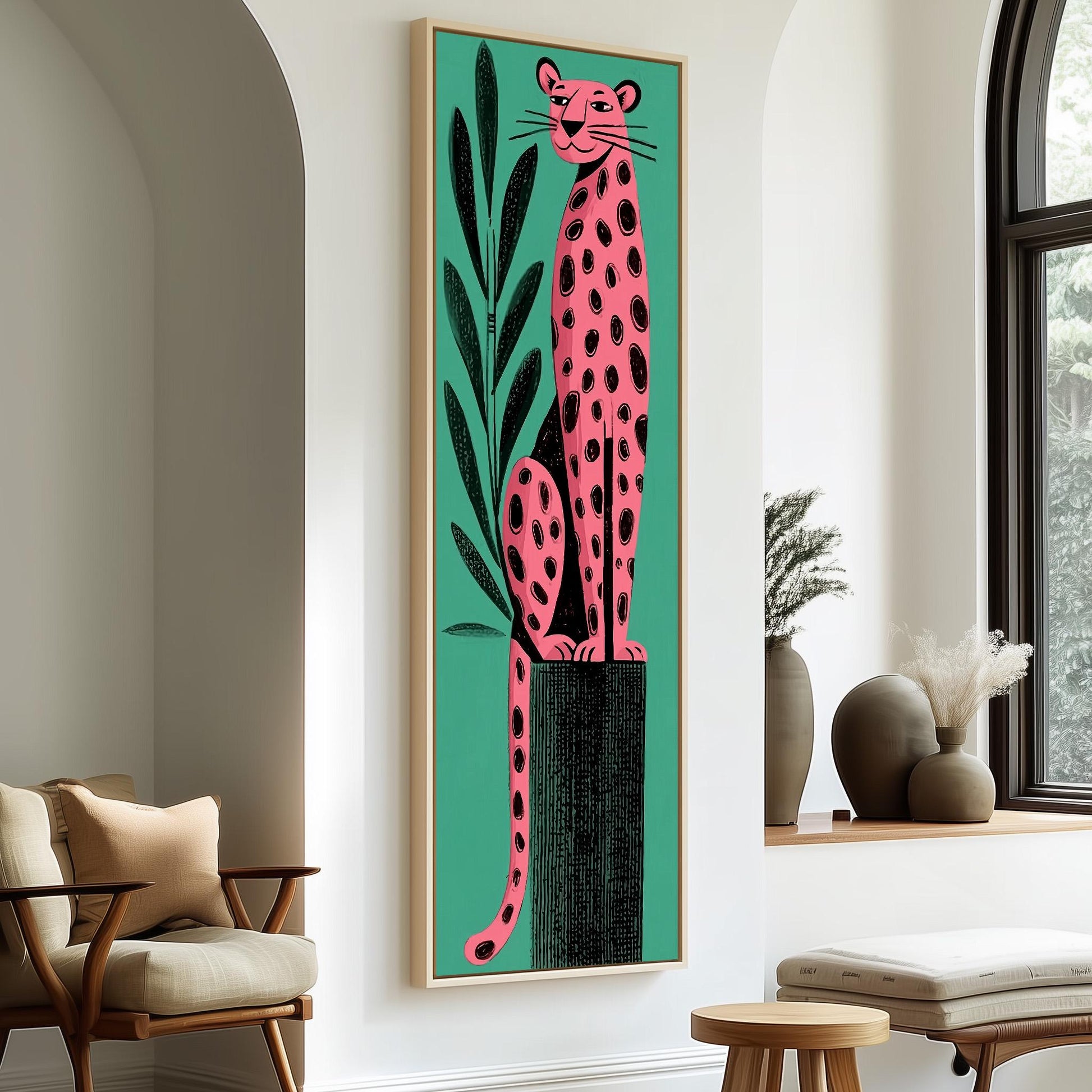 a large, colorful painting of a leopard sitting on a tree stump, which is hanging on a wall in a room with a window and a chair.