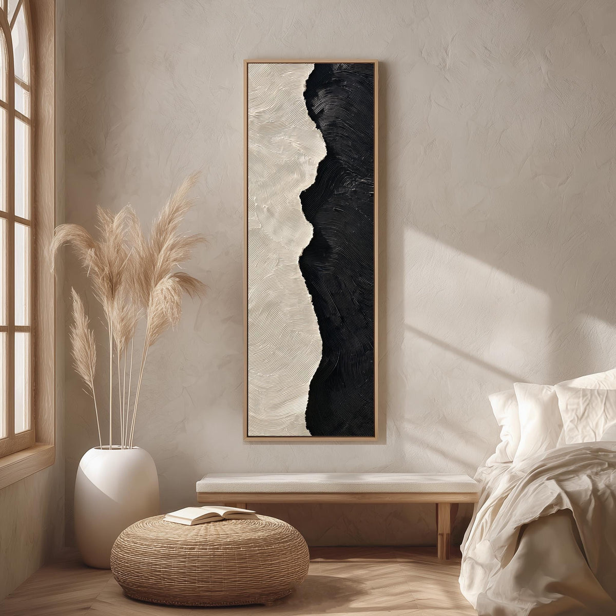Black and cream textured brushstroke long vertical canvas print in a bright reading corner
