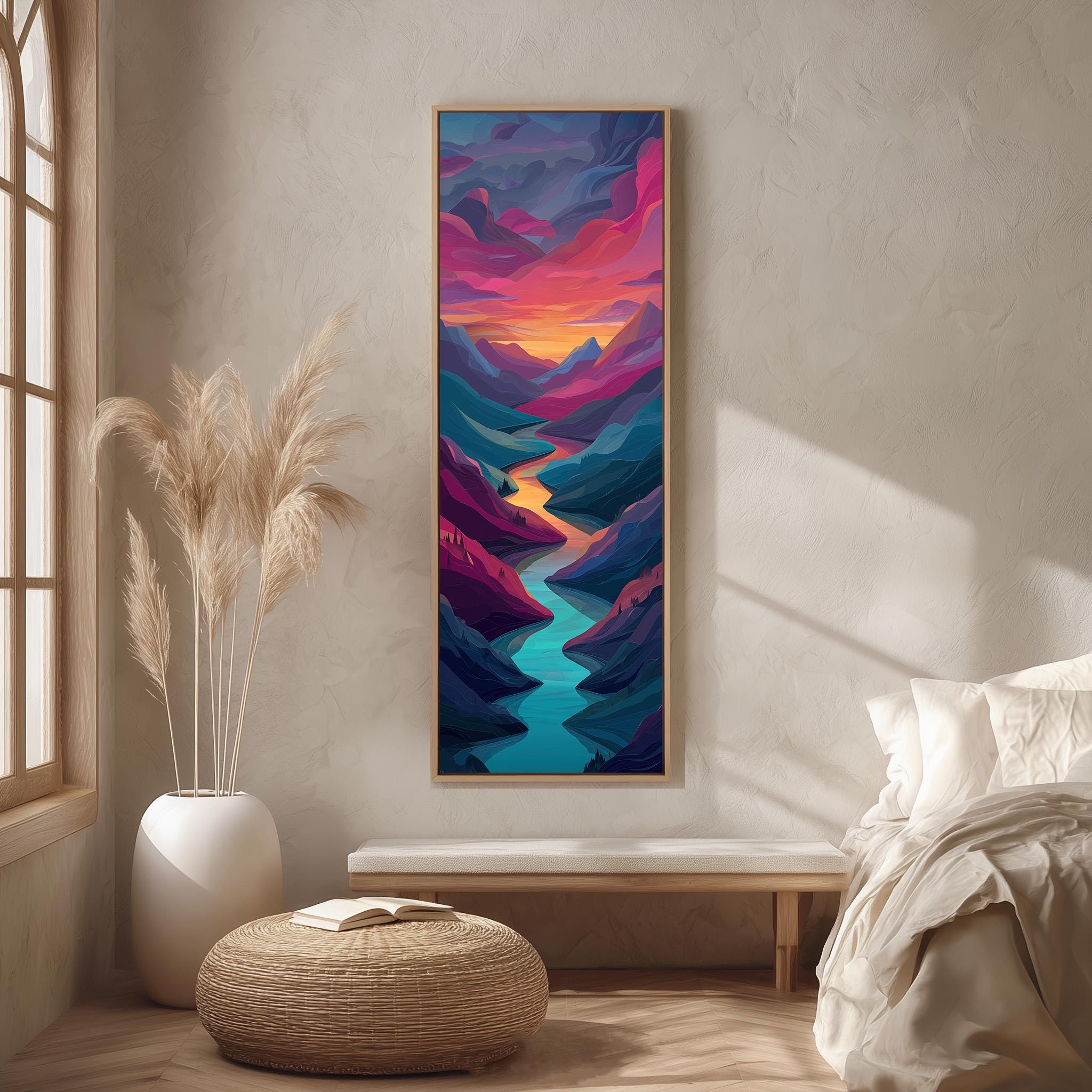 a large, colorful painting of a mountain landscape hanging on a wall in a room with a bed, a wicker ottoman, and a potted plant.