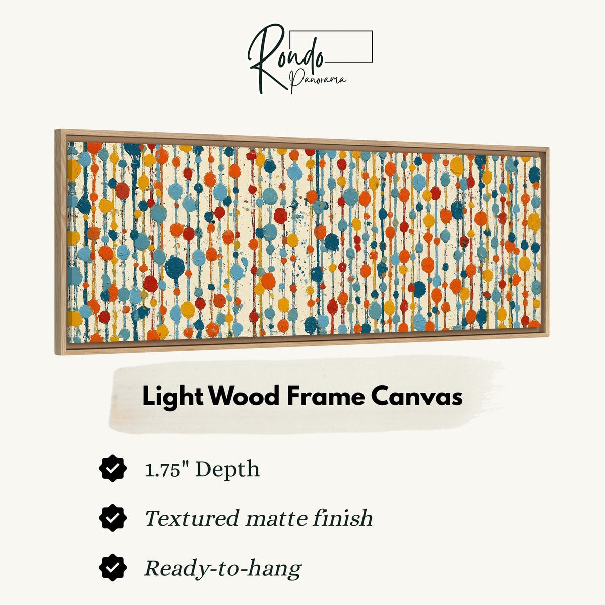 Strings of colorful polka dot blooms canvas print in a light wood floating frame