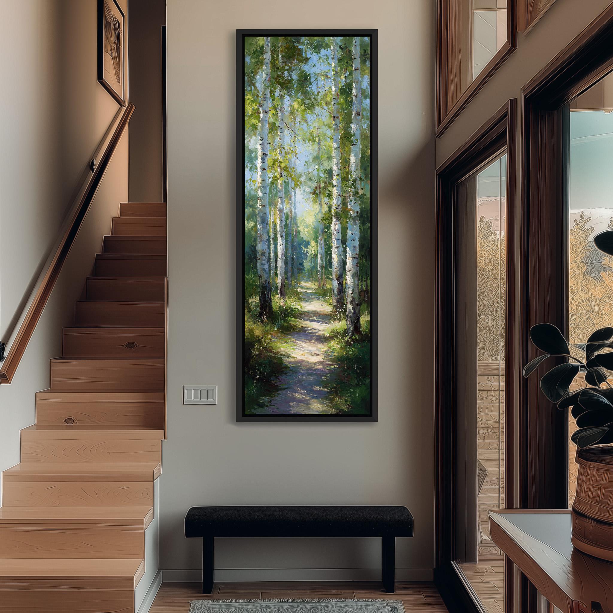 a hallway with a large painting of a forest path hanging on the wall. The painting depicts a path surrounded by tall trees, creating a serene and natural atmosphere. The hallway has a wooden staircase leading up to the painting, and a bench is placed in front of the painting, providing a comfortable seating area. The overall scene conveys a sense of tranquility and connection to nature.