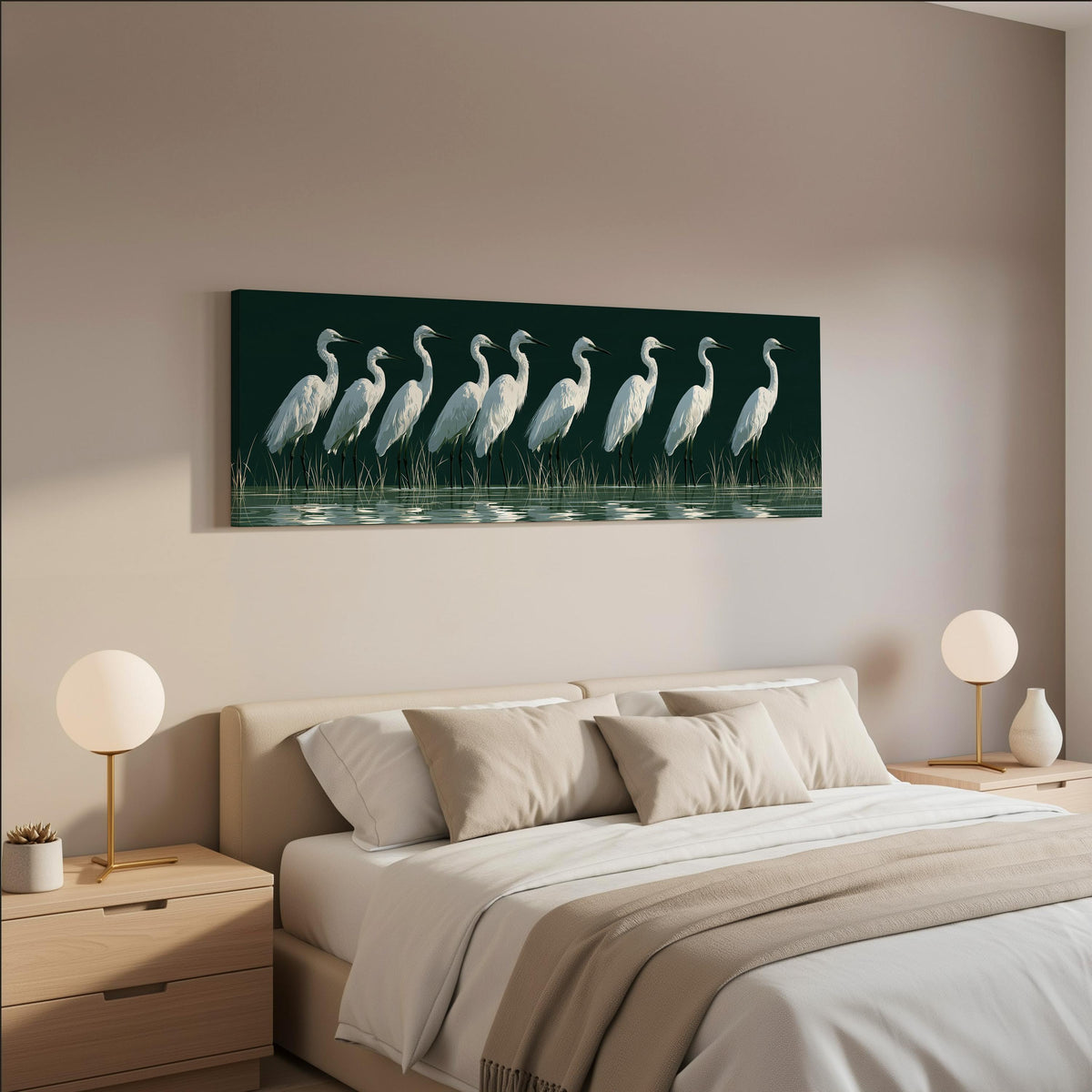 Row of white egrets on deep green wide panoramic canvas print above a bed in a neutral bedroom