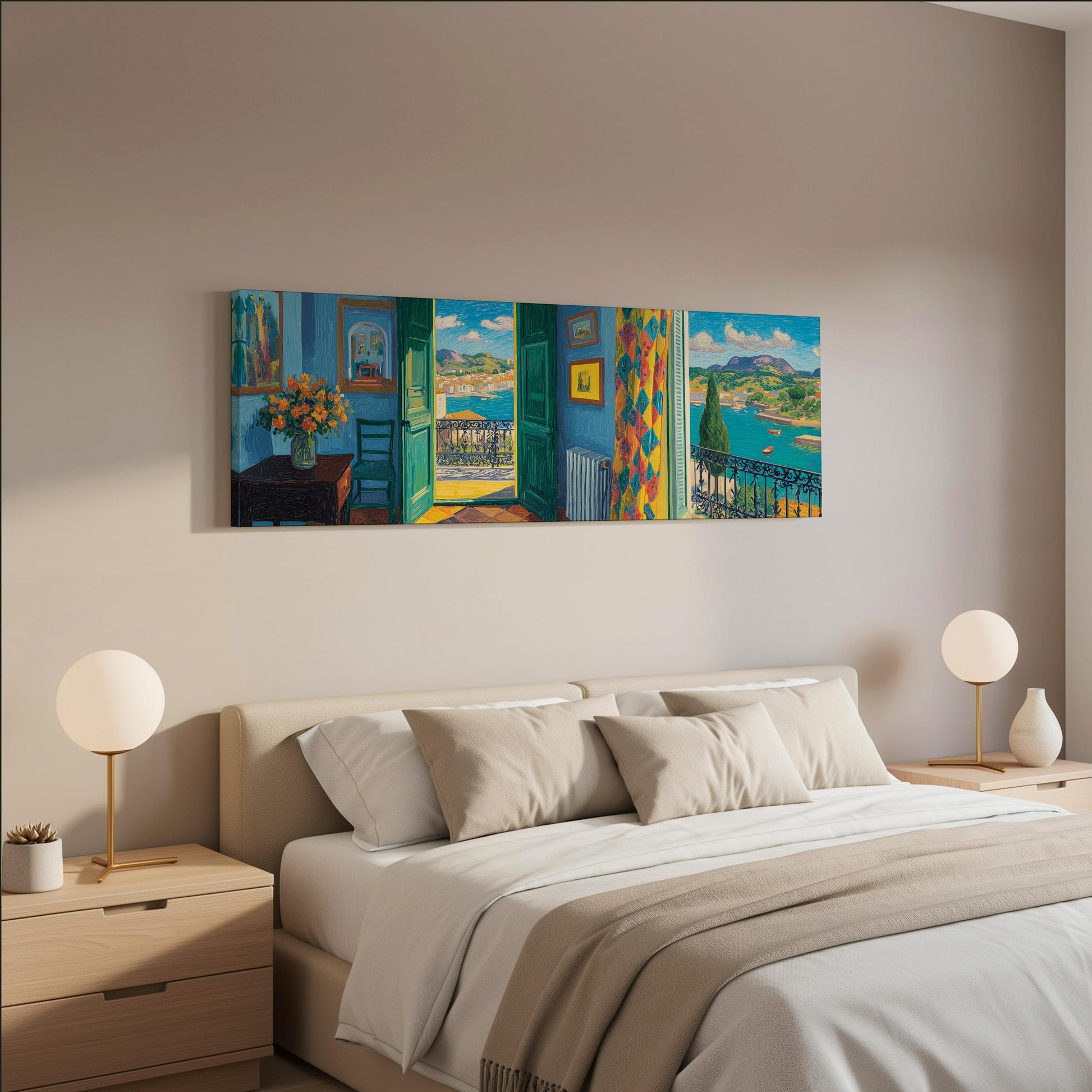 a serene bedroom scene with a large bed, two nightstands with lamps, and a painting of a colorful landscape hanging on the wall above the bed.