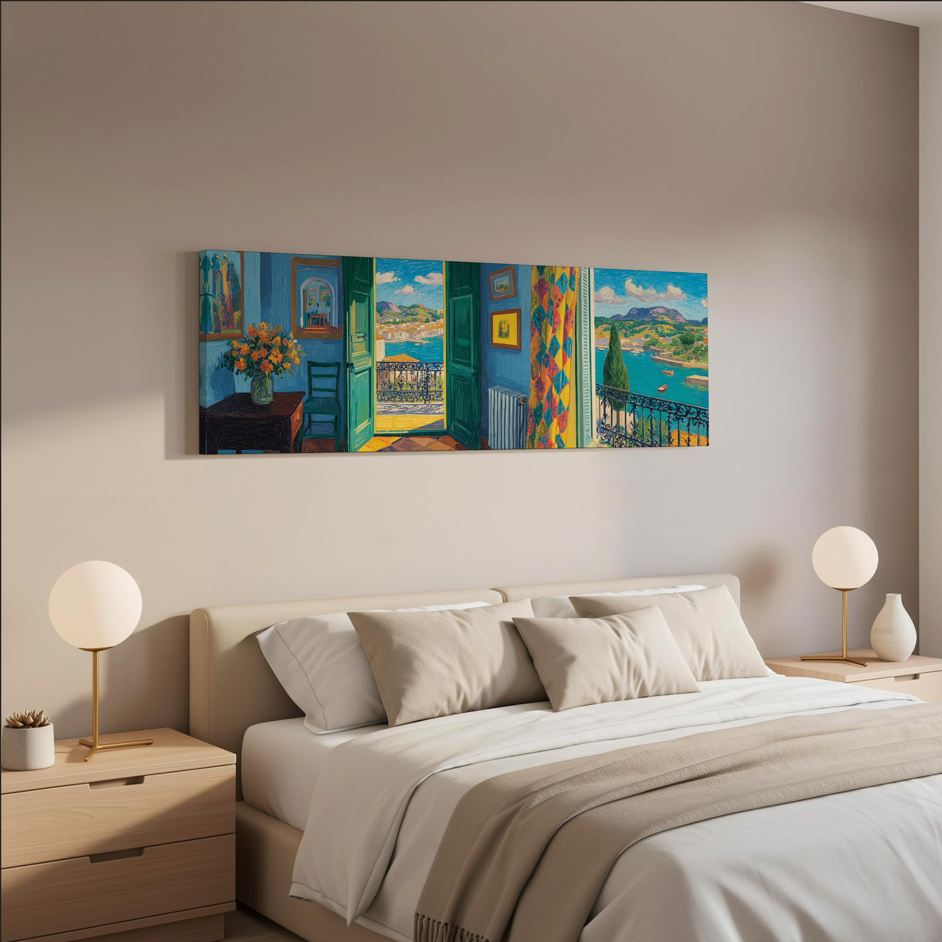 a serene bedroom scene with a large bed, two nightstands with lamps, and a painting of a colorful landscape hanging on the wall above the bed.
