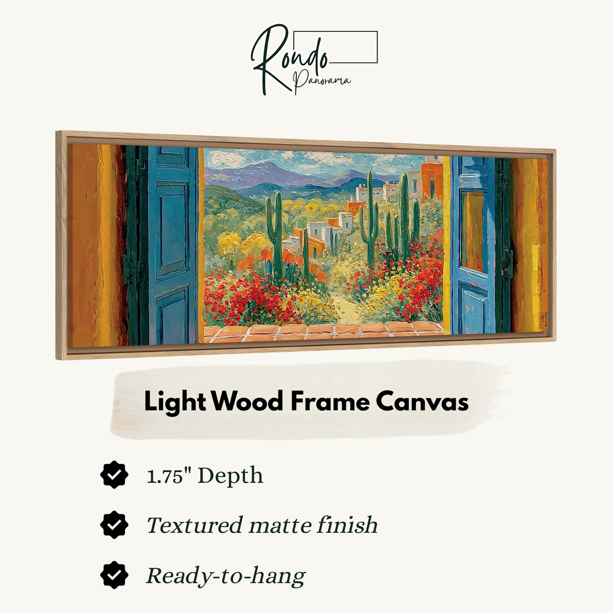 Cactus courtyard seen through blue doors canvas print in a light wood floating frame