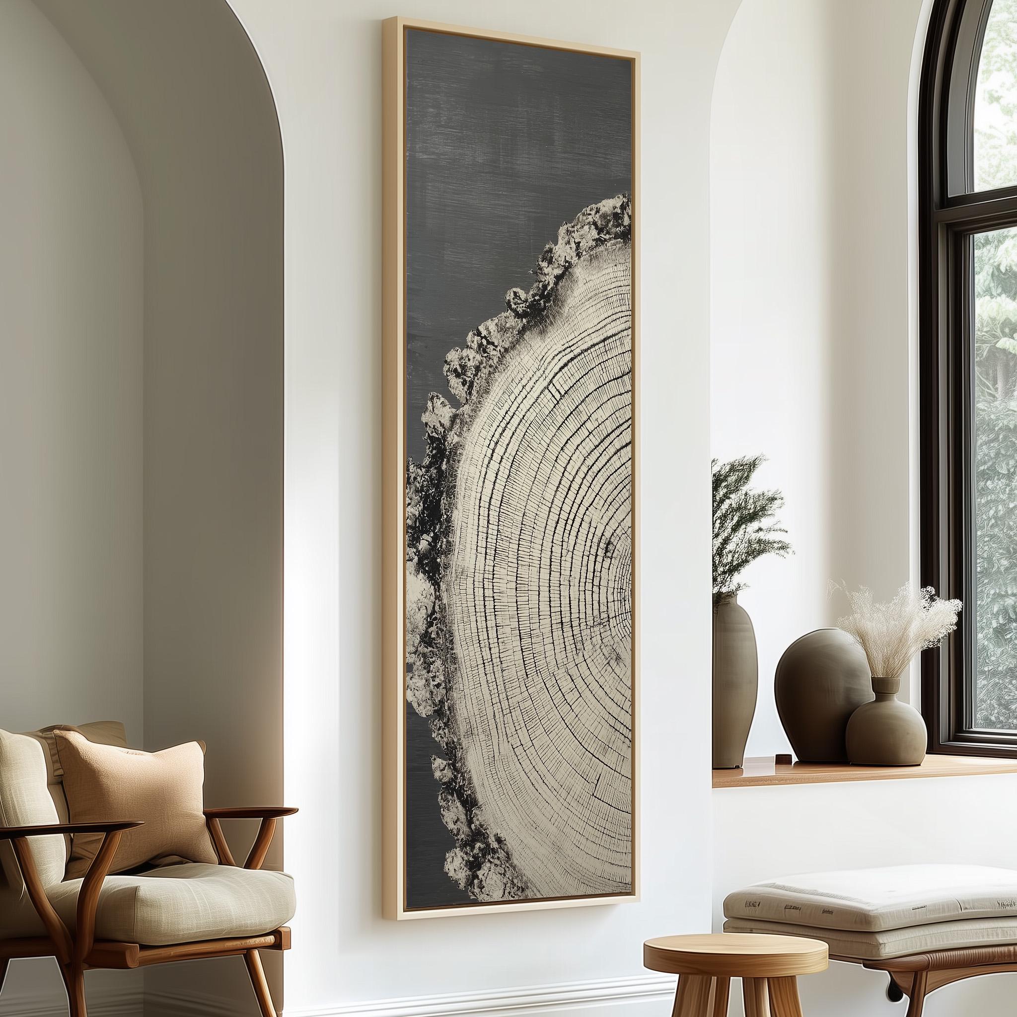 a modern living room with a large framed artwork depicting a tree trunk on the wall. The room is furnished with a chair, a table, and a window with a view of trees outside.