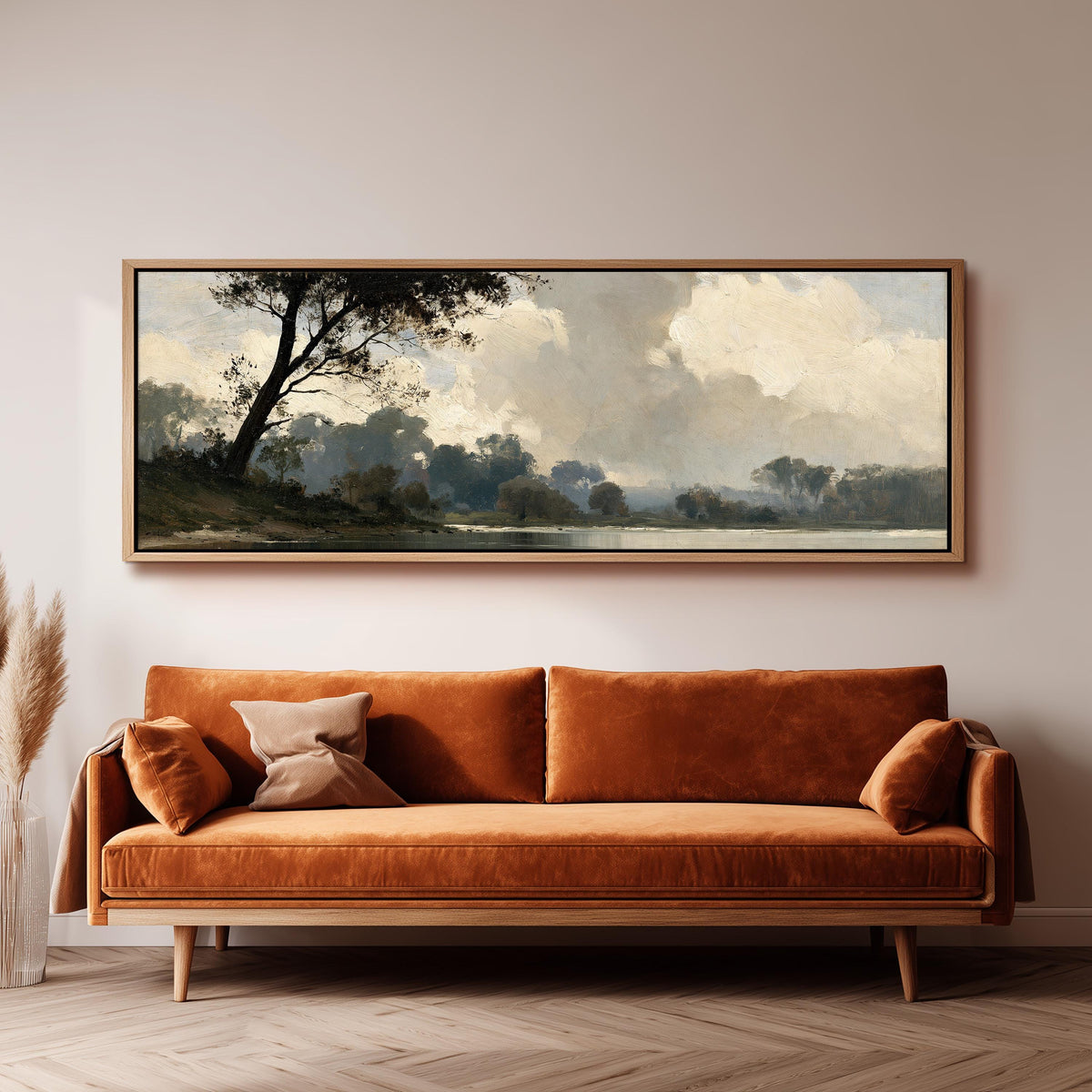 Misty river landscape in grey blue tones panoramic canvas print above a sofa in a living room