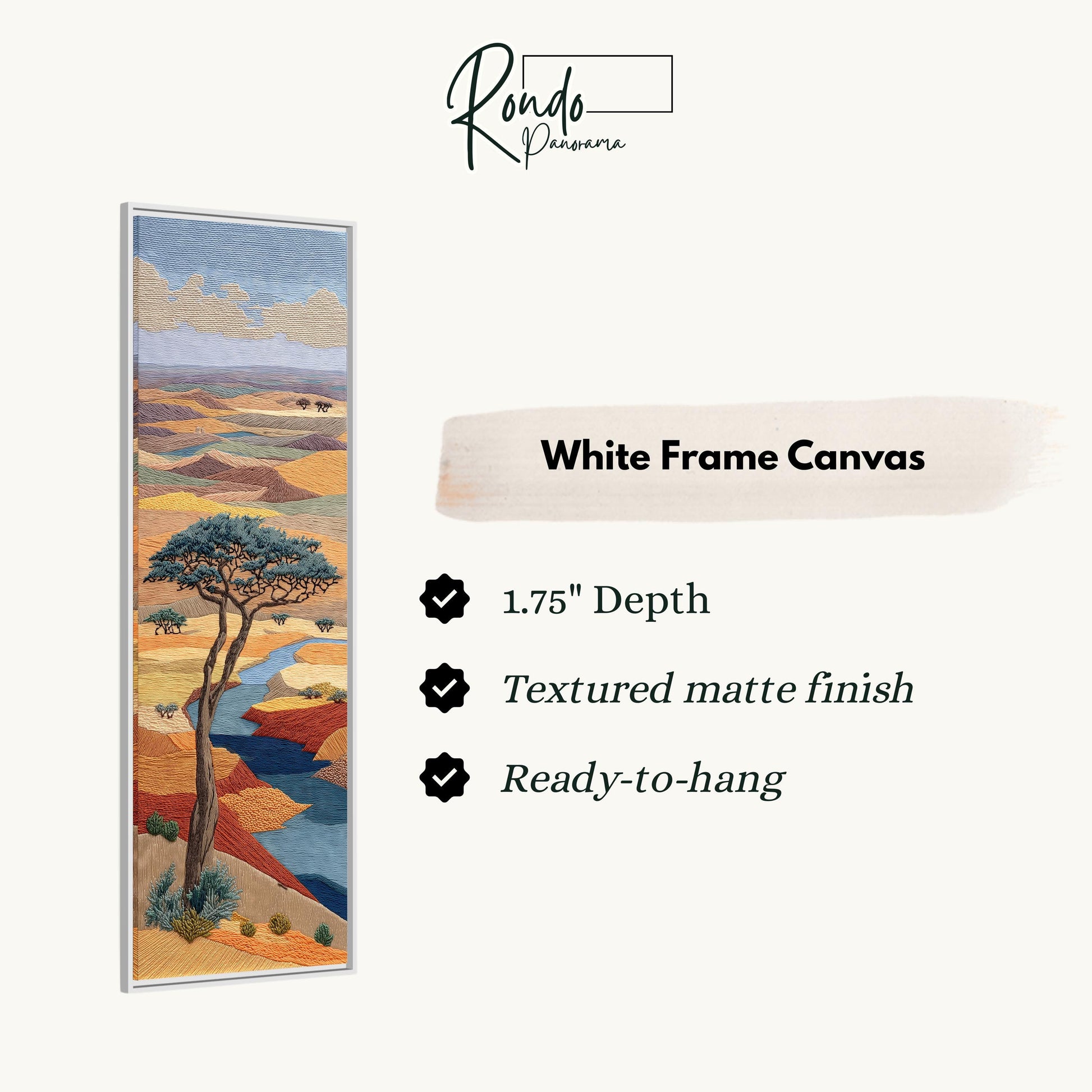 The image is a white frame canvas depicting a landscape with a tree and a river.