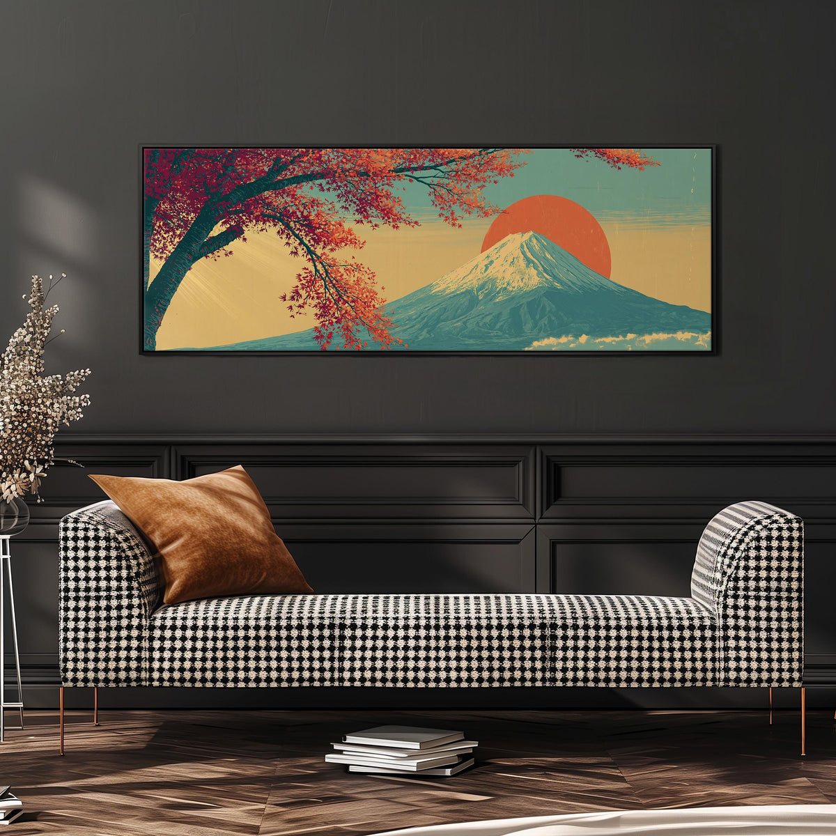 Autumn maple branch and Mount Fuji at sunset wide panoramic canvas print above a bench in a dark living room