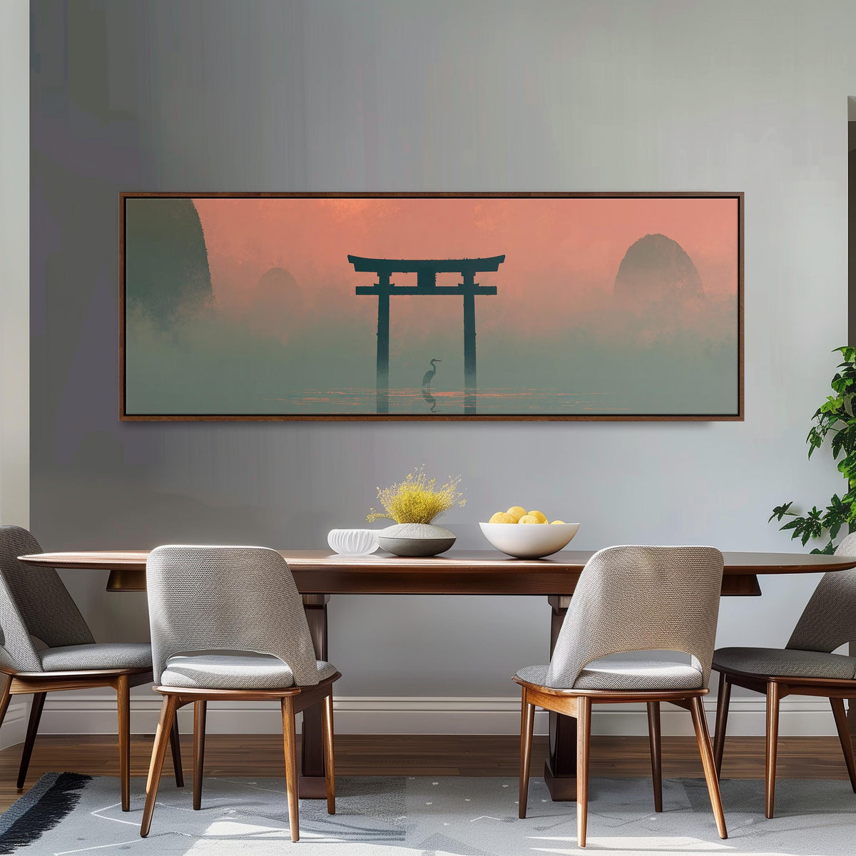 Torii gate and heron in pink mist long horizontal canvas print above a dining table