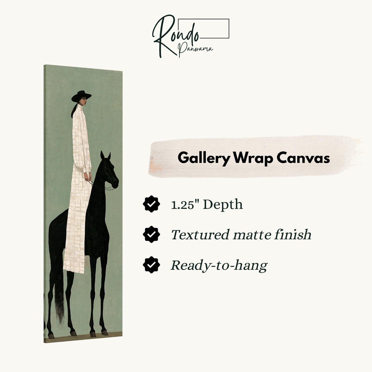 Woman in a long coat beside a black horse gallery wrap canvas with the image wrapped around the edges