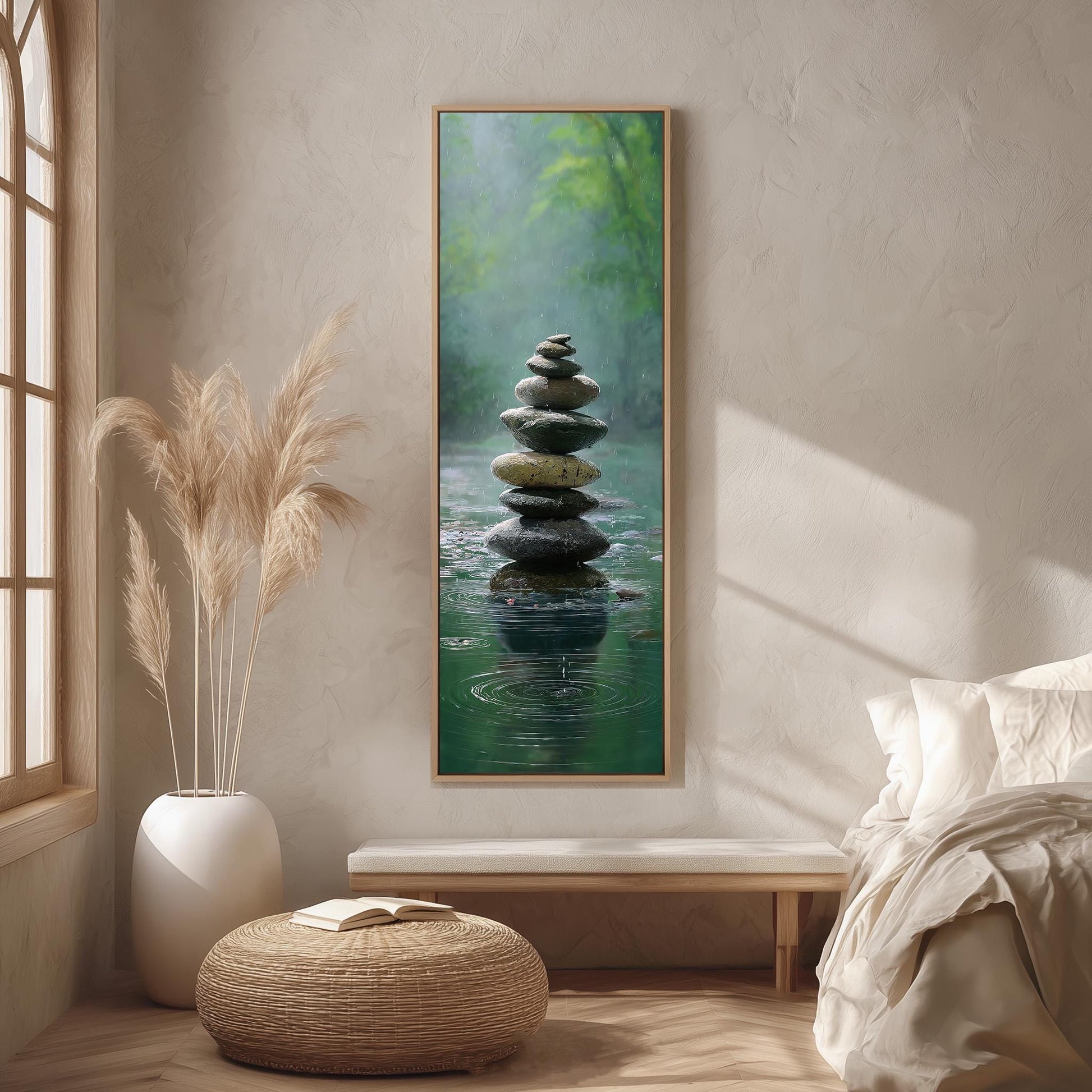 a serene indoor setting with a large painting of a rock formation in water hanging on the wall, a white bench, a woven ottoman, and a potted plant.