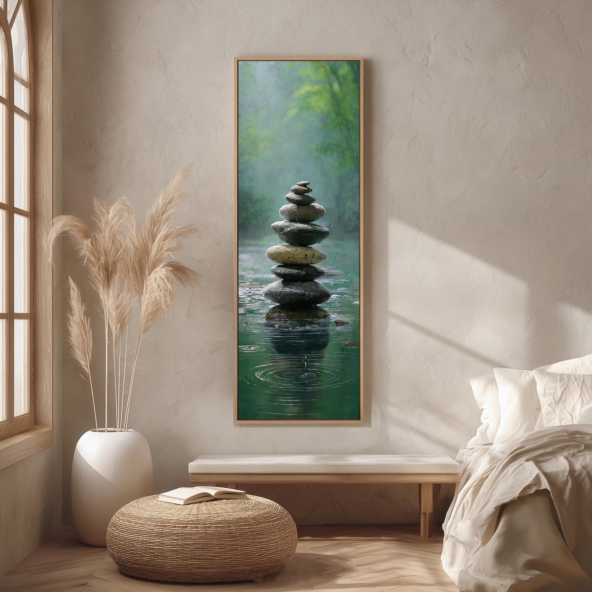a serene indoor setting with a large painting of a rock formation in water hanging on the wall, a white bench, a woven ottoman, and a potted plant.