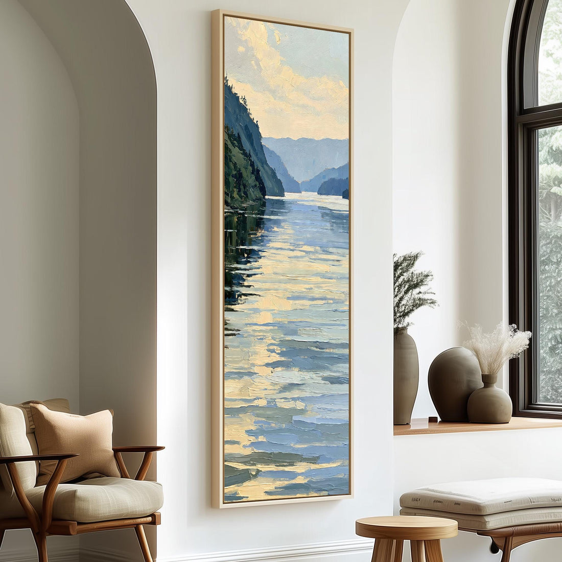 Mountain river reflecting a blue and gold sky long vertical canvas print in a sunlit living space