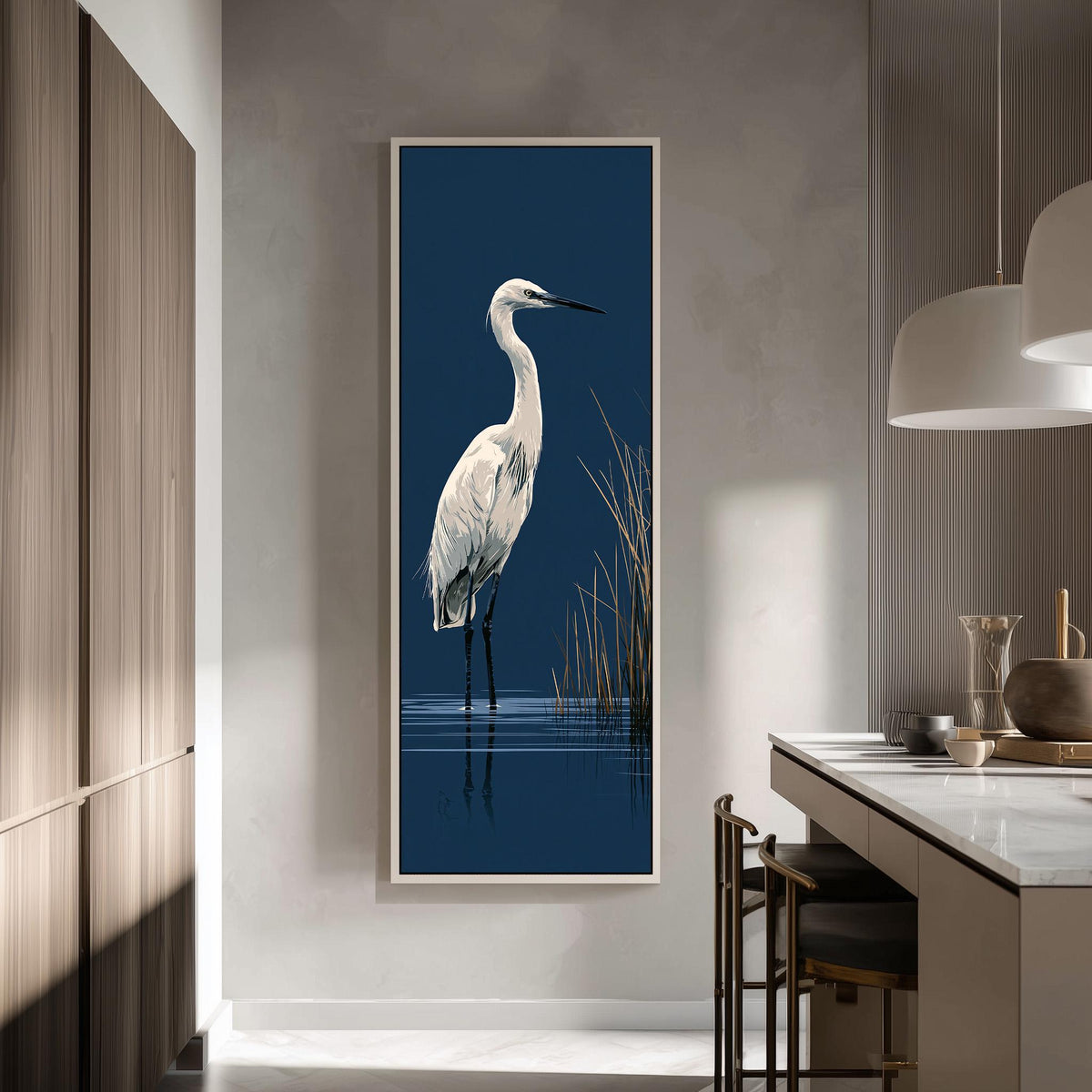White egret wading on navy tall skinny canvas print in a modern kitchen