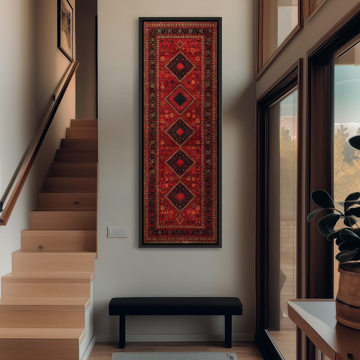 Red Persian rug pattern tall narrow canvas print beside a staircase in an entryway