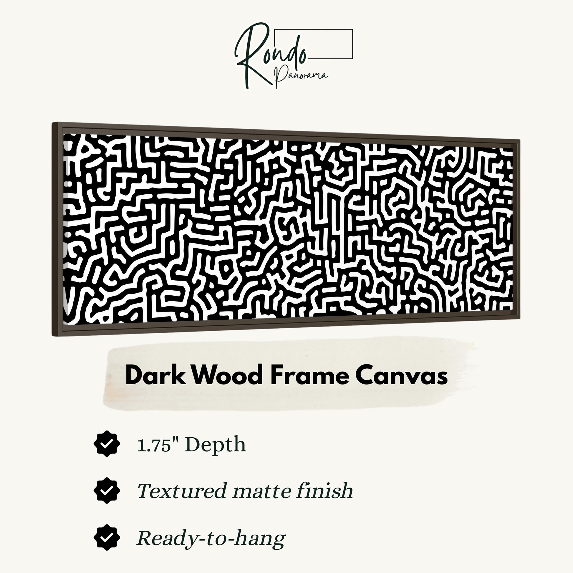 a dark wood frame canvas with a black and white maze pattern.