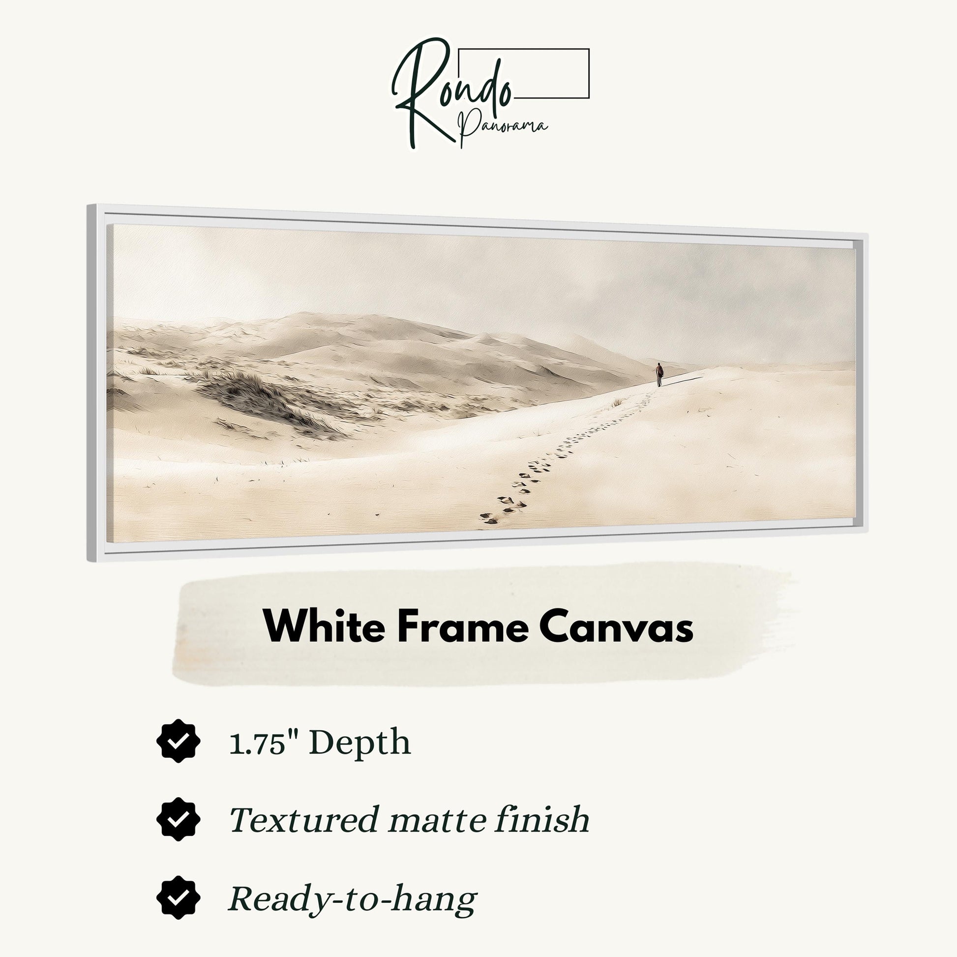 The image is a white frame canvas depicting a lone figure walking along a path in a desert landscape.
