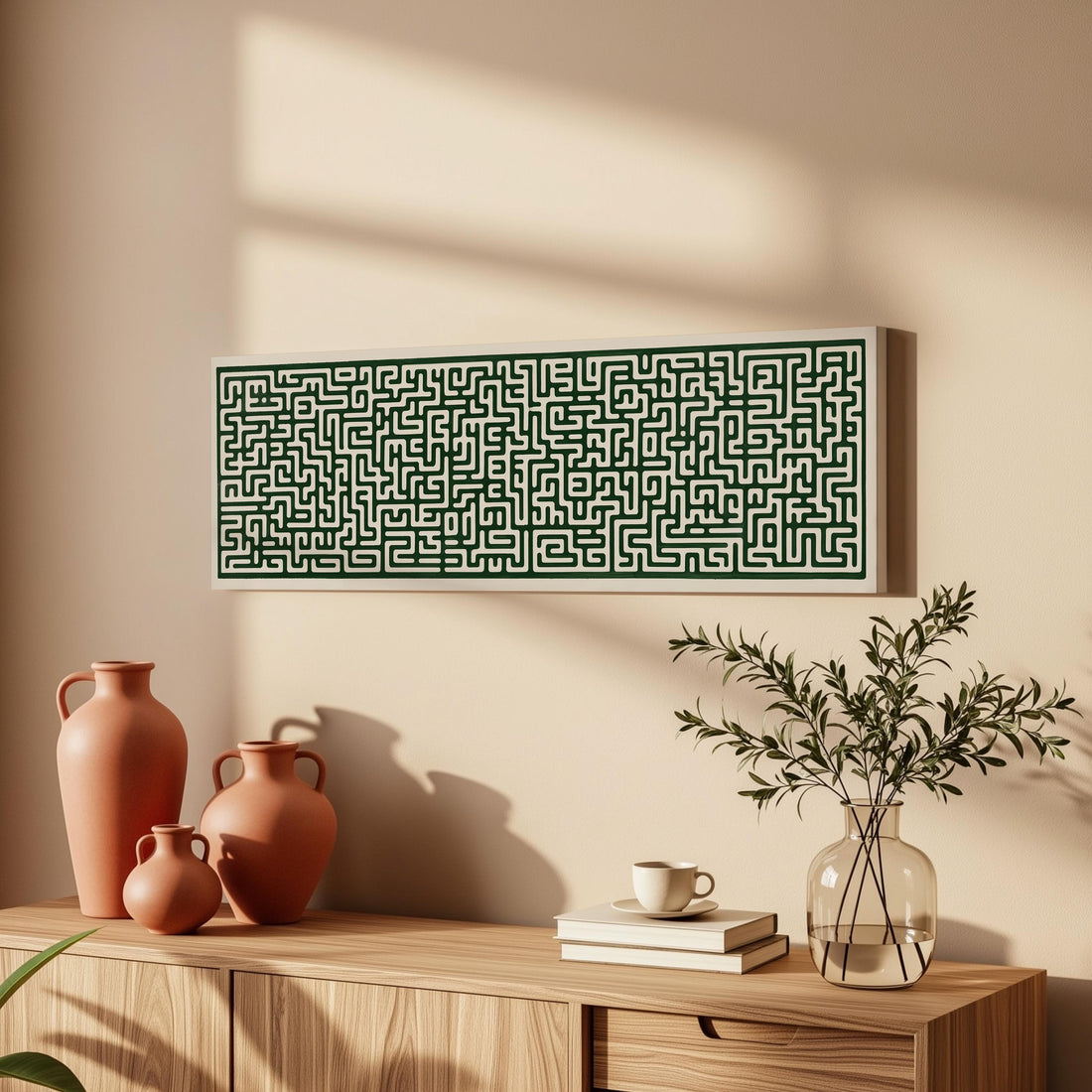 a wooden cabinet with a large green maze-like artwork hanging on the wall above it. The cabinet also has three orange vases and a glass vase with greenery on top.