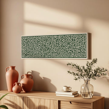 a wooden cabinet with a large green maze-like artwork hanging on the wall above it. The cabinet also has three orange vases and a glass vase with greenery on top.