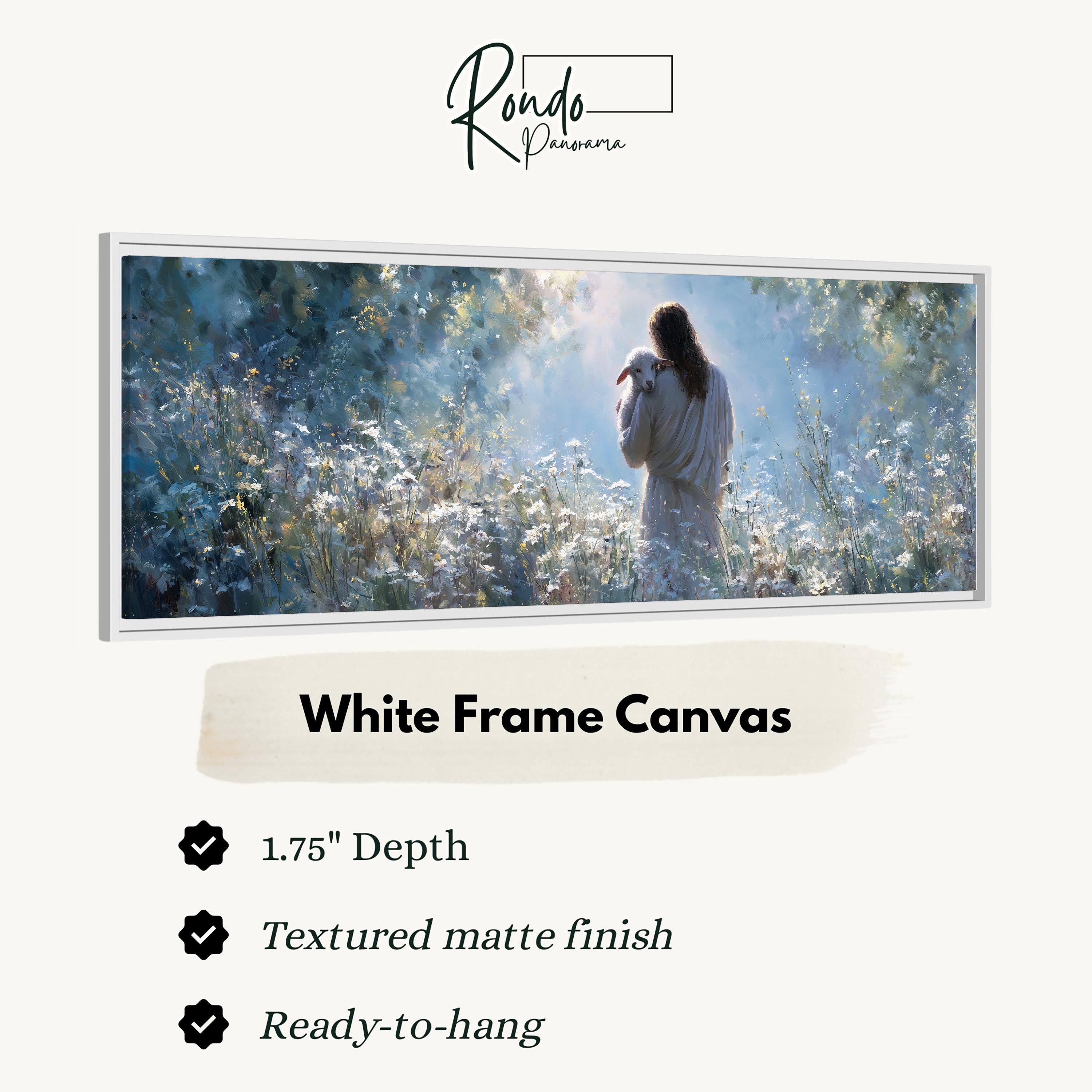 The image is a white frame canvas depicting a woman standing in a field of flowers.