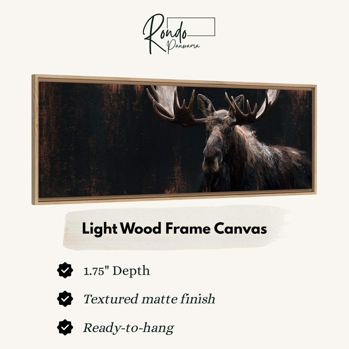 Dark moose portrait canvas print in a light wood floating frame