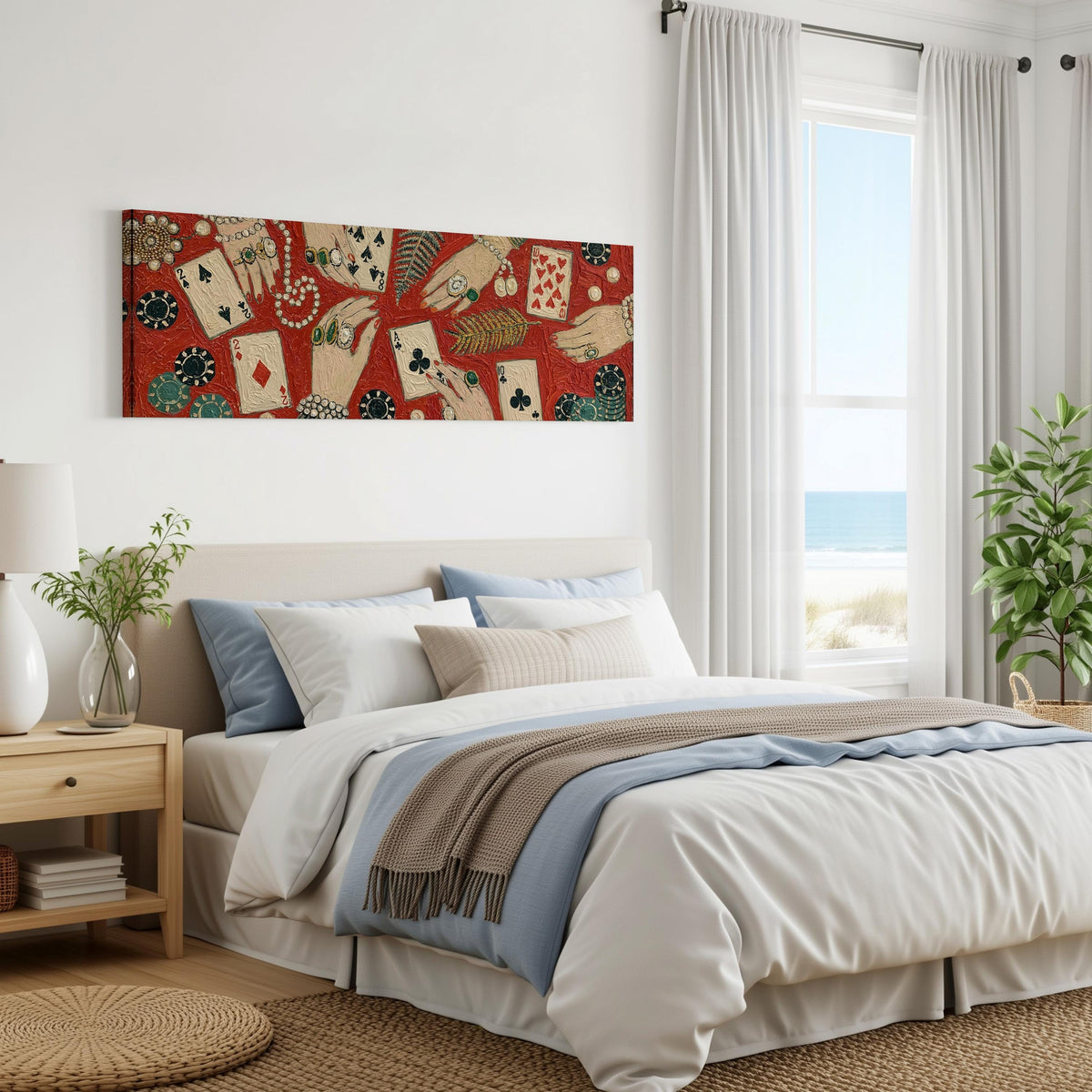 Playing cards, chips and jeweled hands panoramic canvas print above a bed in a coastal bedroom