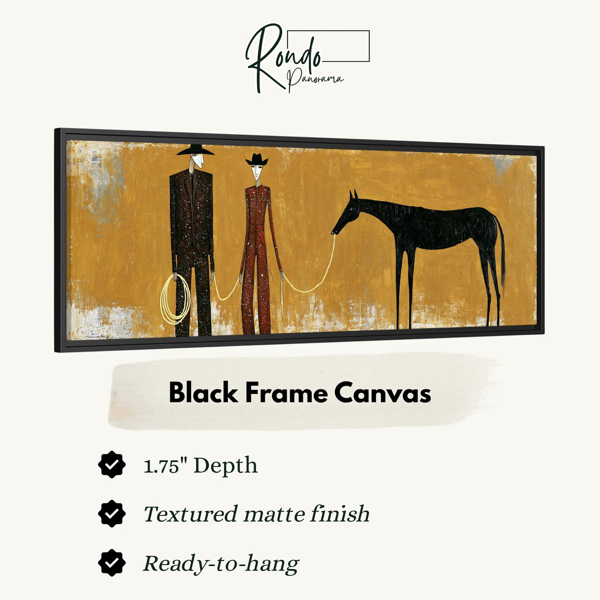Two cowboys with a dark horse on gold canvas print in a black floating frame