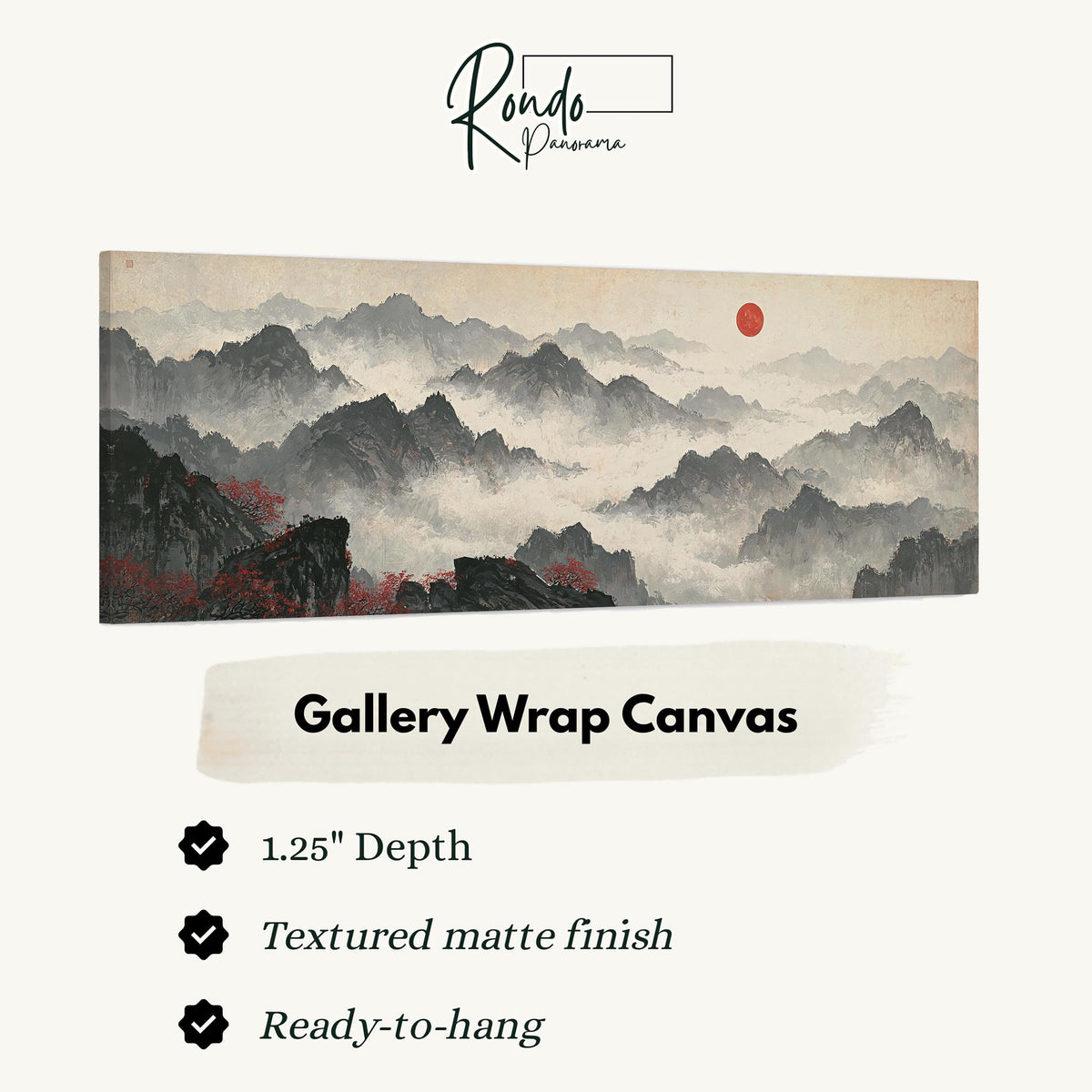 Misty ink mountains under a red sun gallery wrap canvas with the image wrapped around the edges