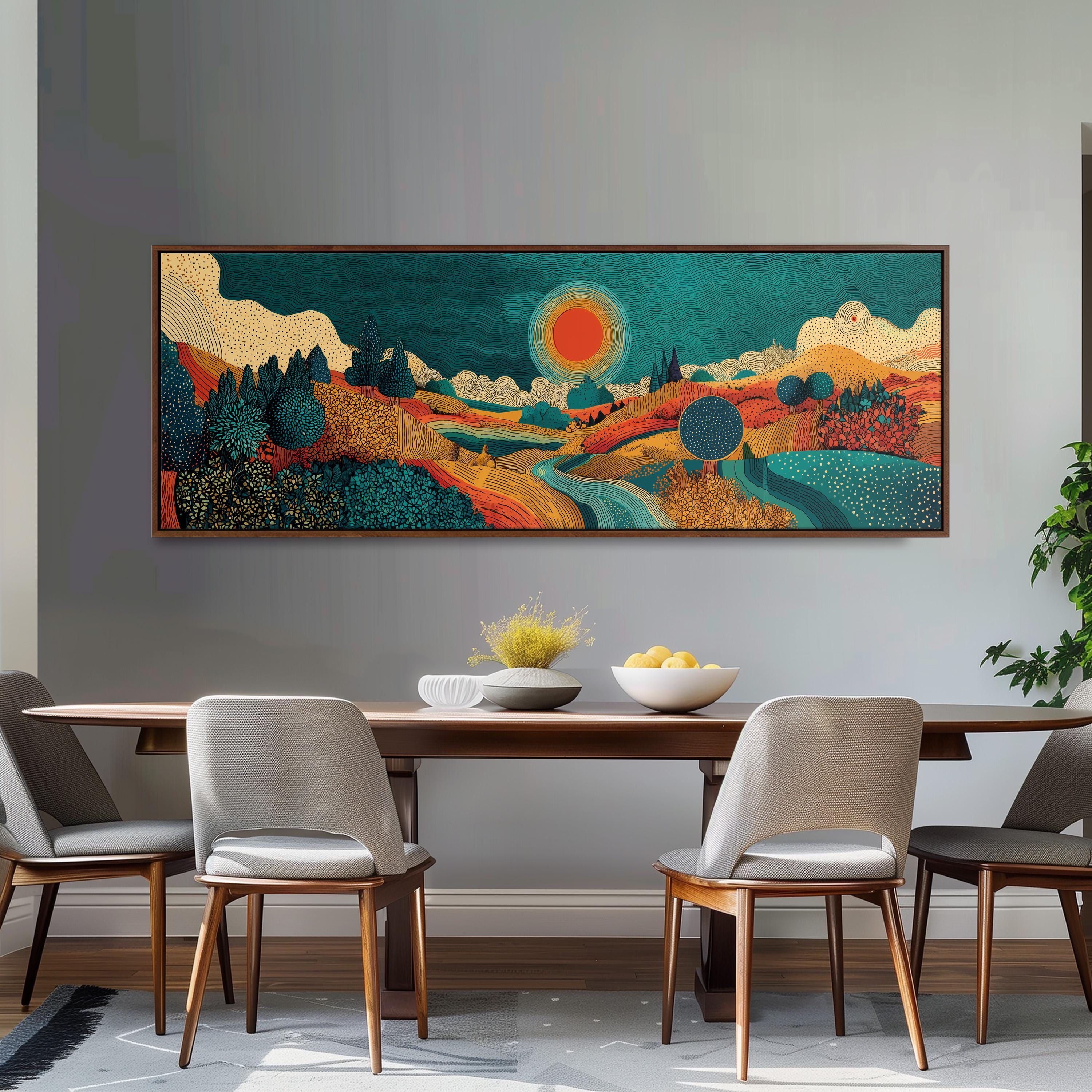 a large, colorful painting of a landscape hanging on a wall above a wooden dining table with four chairs.