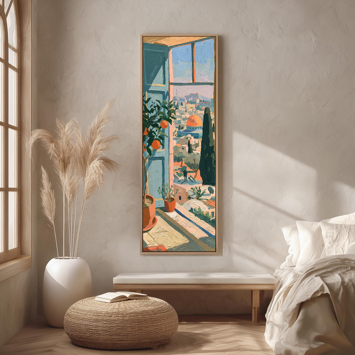 Window view over an old city with an orange tree long vertical canvas print in a bright reading corner