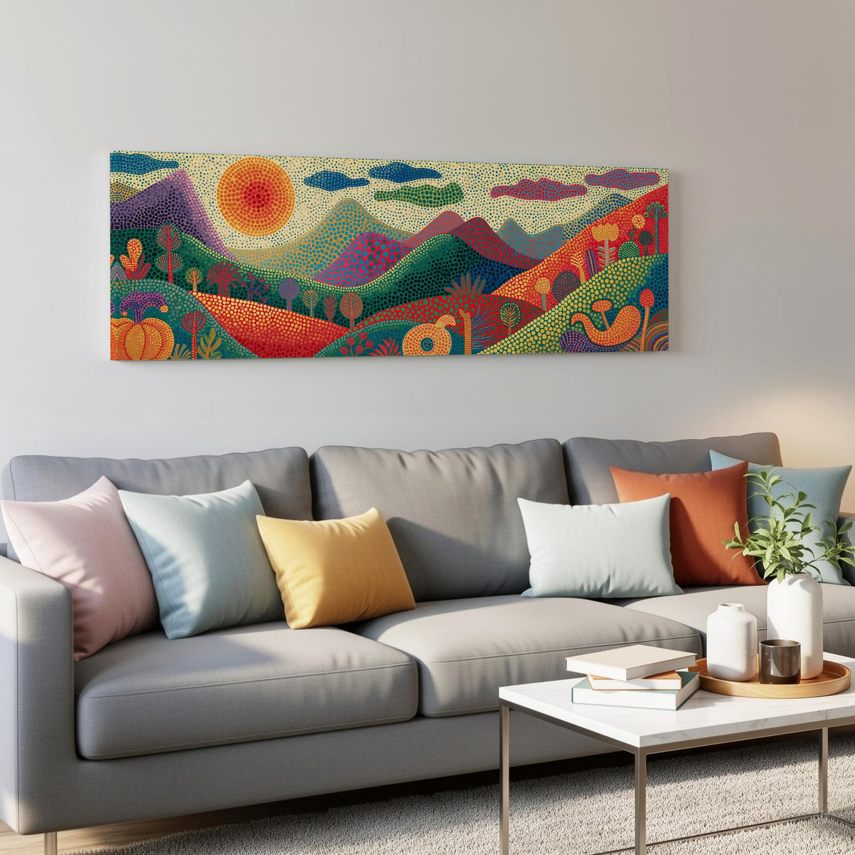 Dotted mountains under a sunburst panoramic canvas print above a grey sofa in a living room