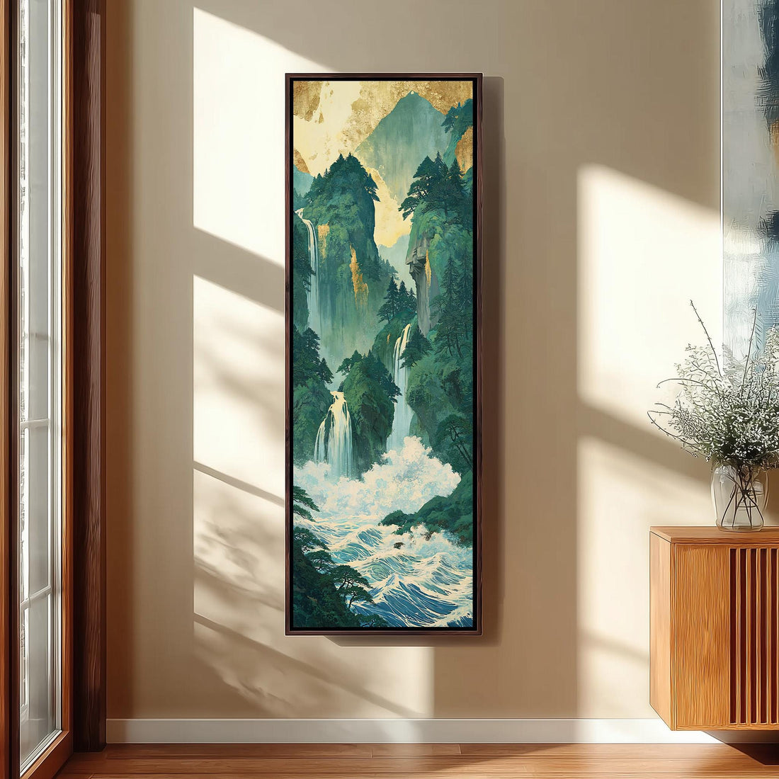 Emerald waterfall gorge long vertical canvas print in a sunlit living space