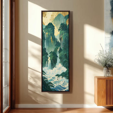 Emerald waterfall gorge long vertical canvas print in a sunlit living space