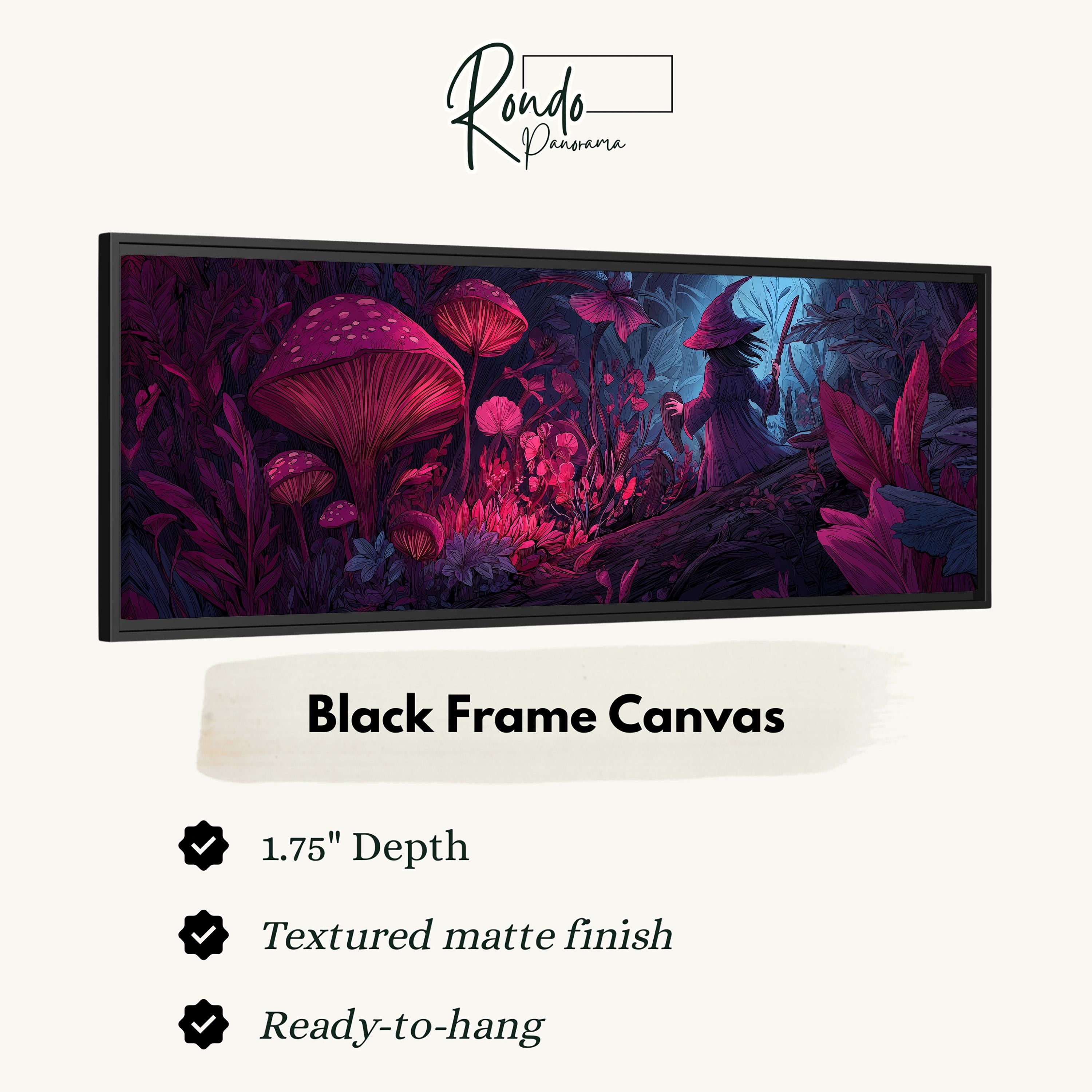 The image is a black frame canvas depicting a fantastical, colorful, and intricate scene with mushrooms, flowers, and a character in a magical, mystical setting.