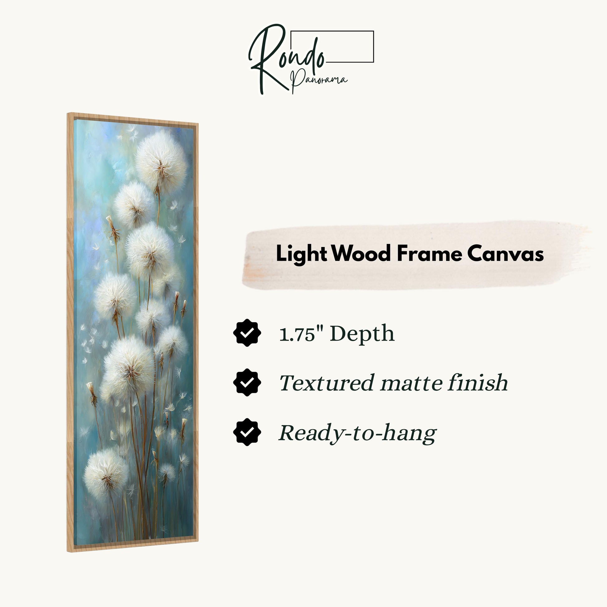 The image is a light wood frame canvas featuring a painting of dandelions.