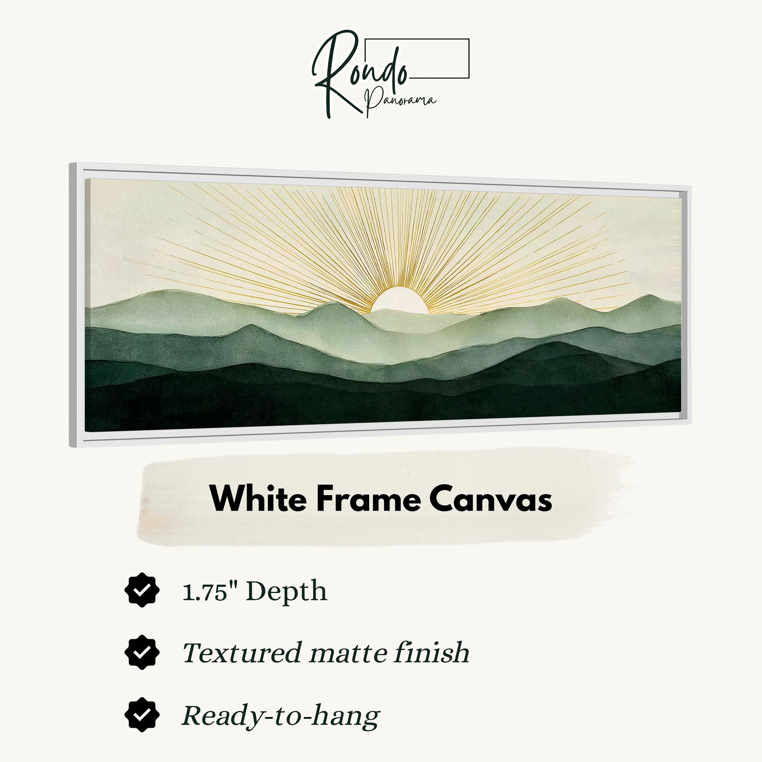 The image is a white frame canvas depicting a landscape with mountains and a sun rising over the horizon.