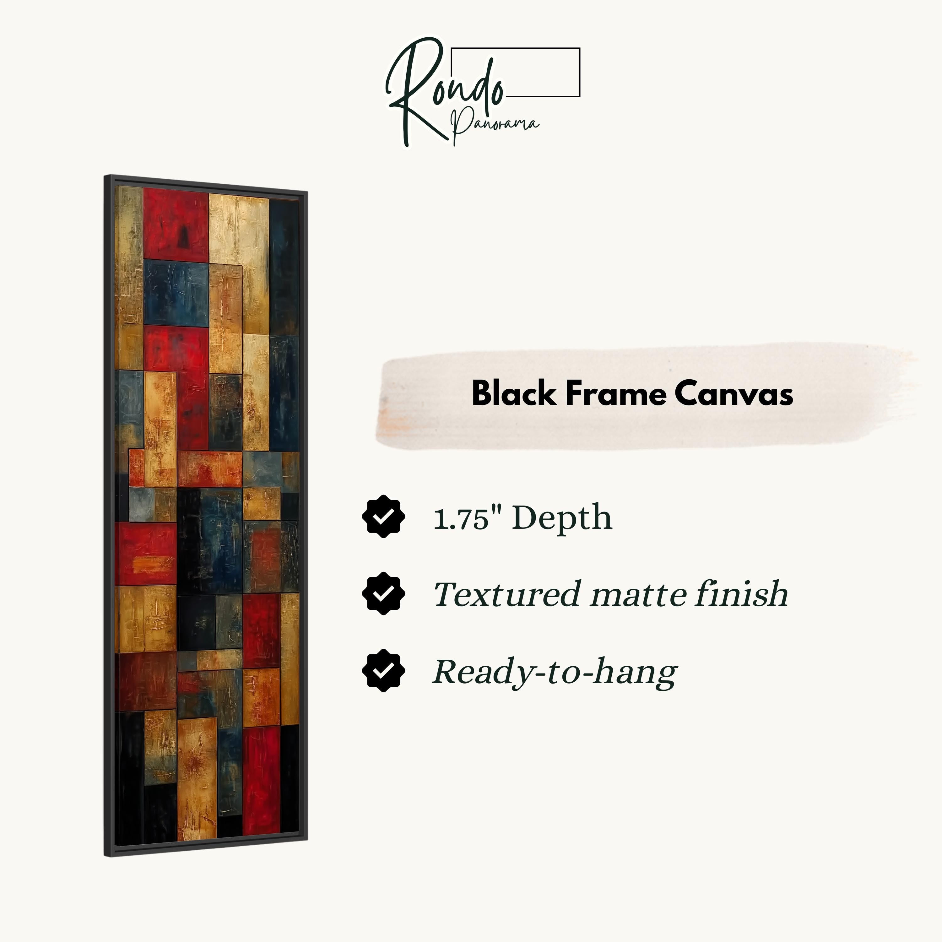 The image is a product advertisement for a black frame canvas. It features a large, abstract painting with a variety of colors and textures, and provides details about the product, including its dimensions, finish, and hanging capabilities.