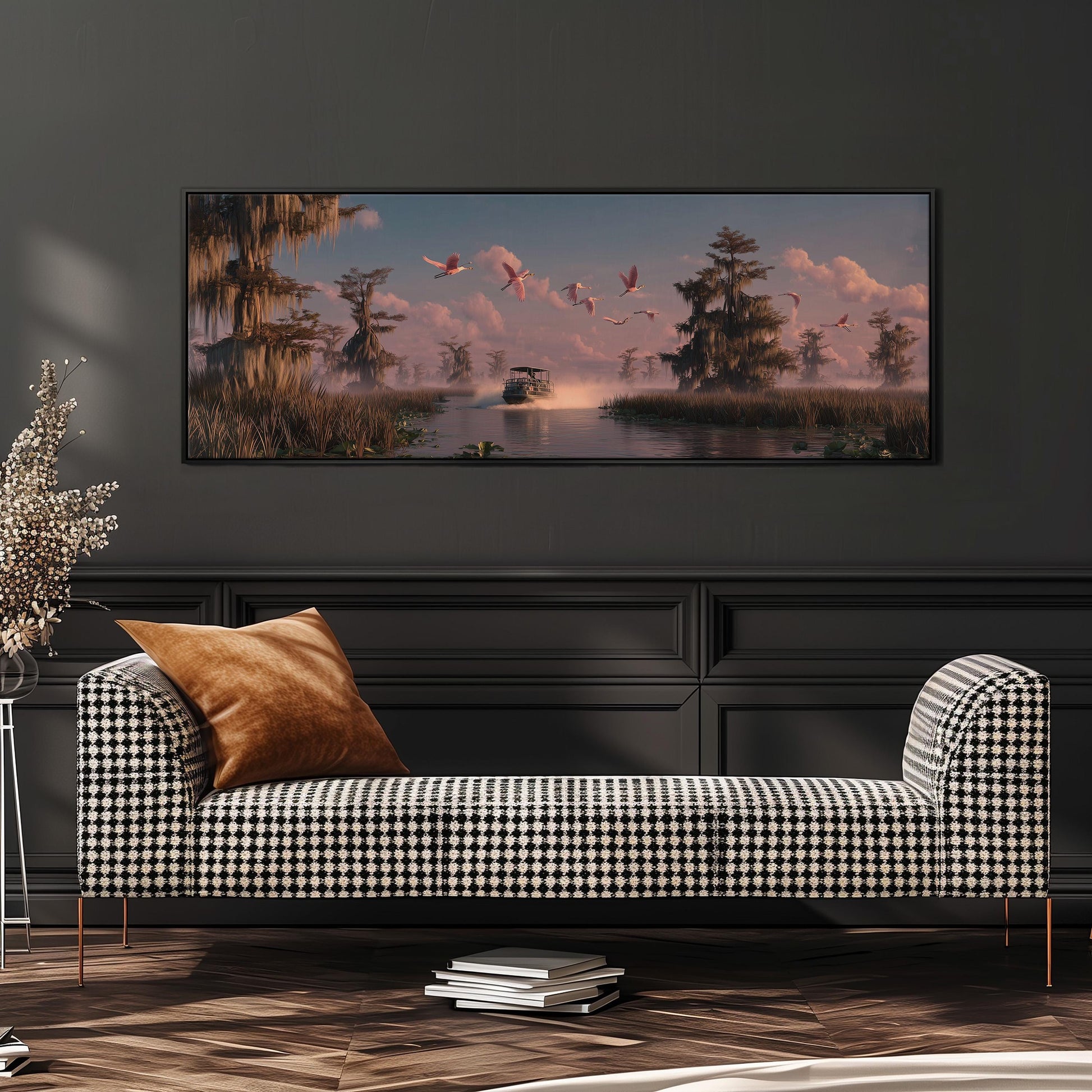a large black and white checkered sofa with a brown throw pillow, positioned in front of a framed painting depicting a serene landscape with a boat on a river and birds flying overhead.