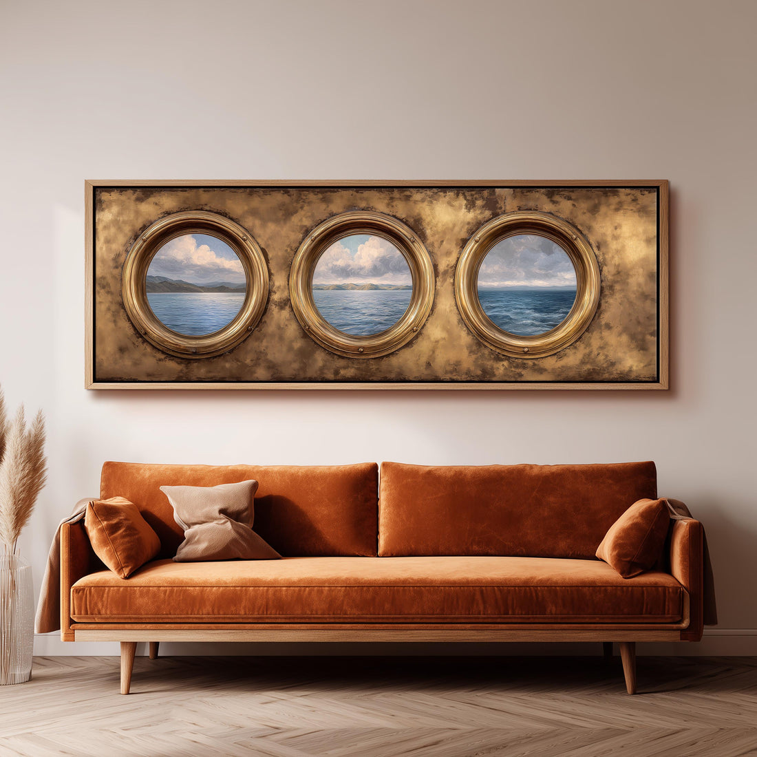 a dining room with a wooden table and three chairs. Above the table, there is a large framed picture with three circular windows, each depicting a different view of the ocean. The table is set with a bowl of fruit and a vase of flowers, creating a cozy and inviting atmosphere.