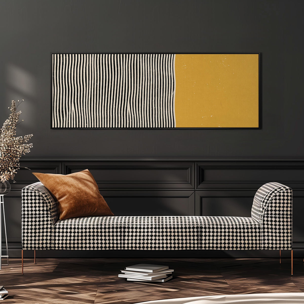 Black wavy stripes beside a mustard block wide panoramic canvas print above a bench in a dark living room
