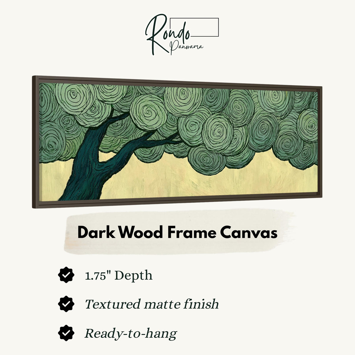 Tree with a swirling green canopy canvas print in a dark wood floating frame