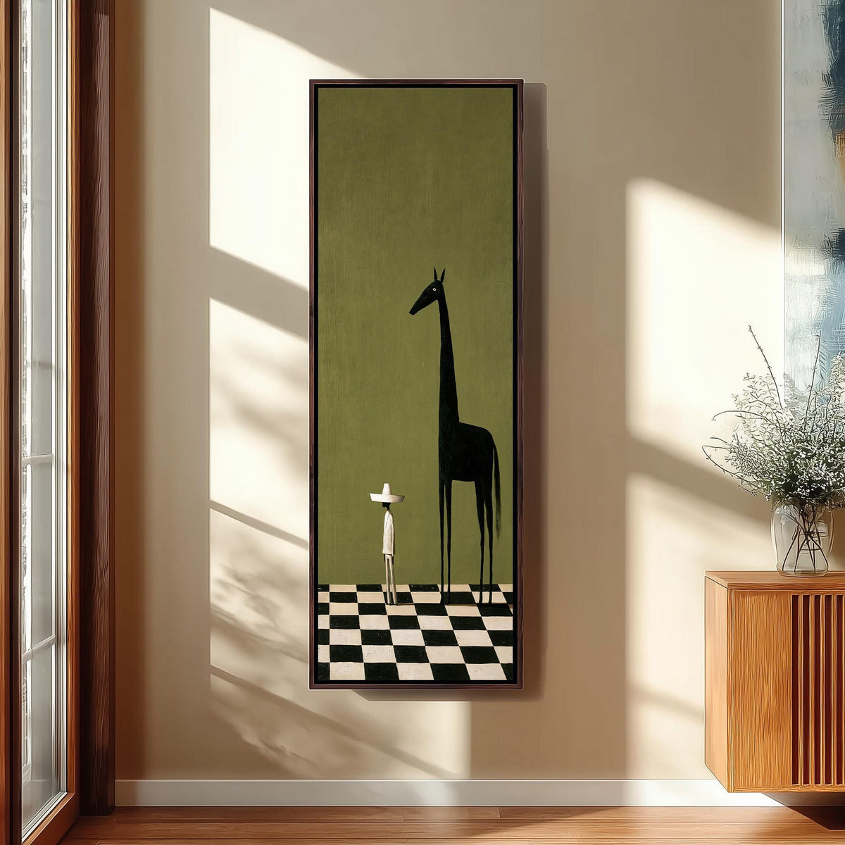 Towering black horse beside a tiny figure long vertical canvas print in a sunlit living space