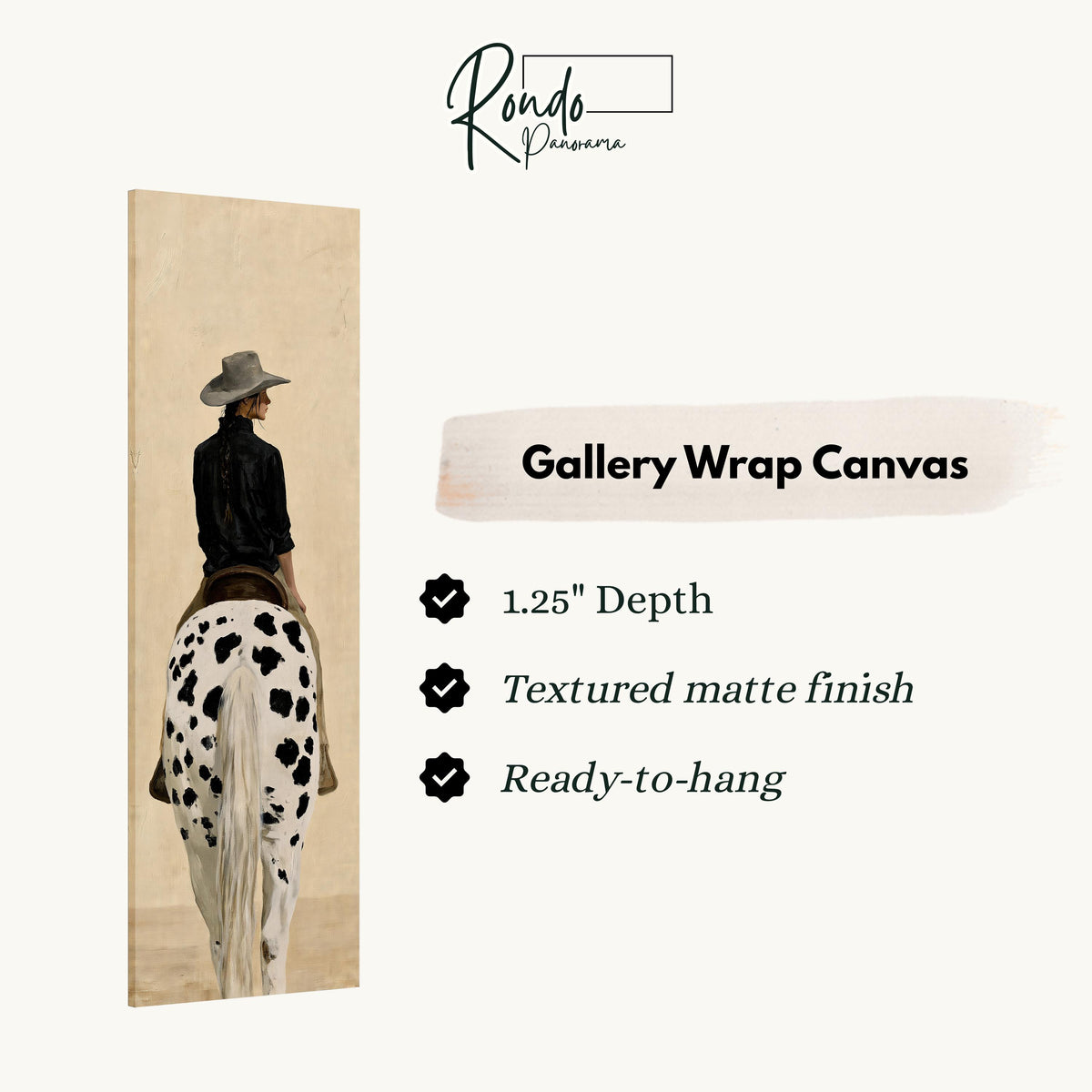 Cowgirl with a long braid on a spotted horse gallery wrap canvas with the image wrapped around the edges