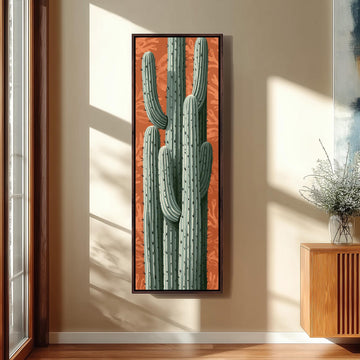 Saguaro cactus on a patterned terracotta background long vertical canvas print in a sunlit living space