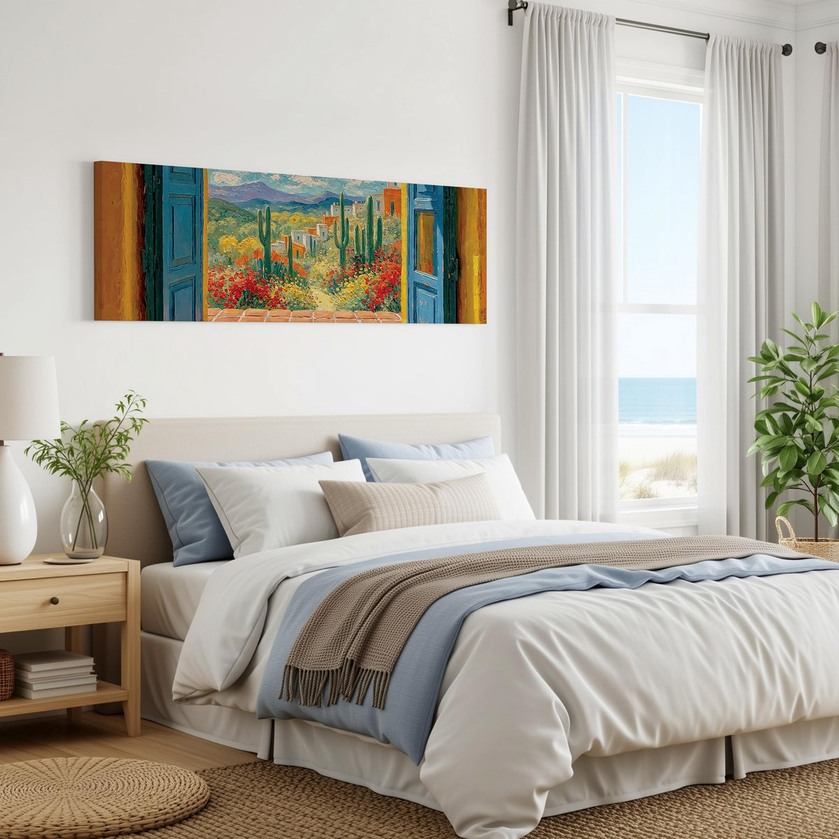 Cactus courtyard seen through blue doors panoramic canvas print above a bed in a coastal bedroom