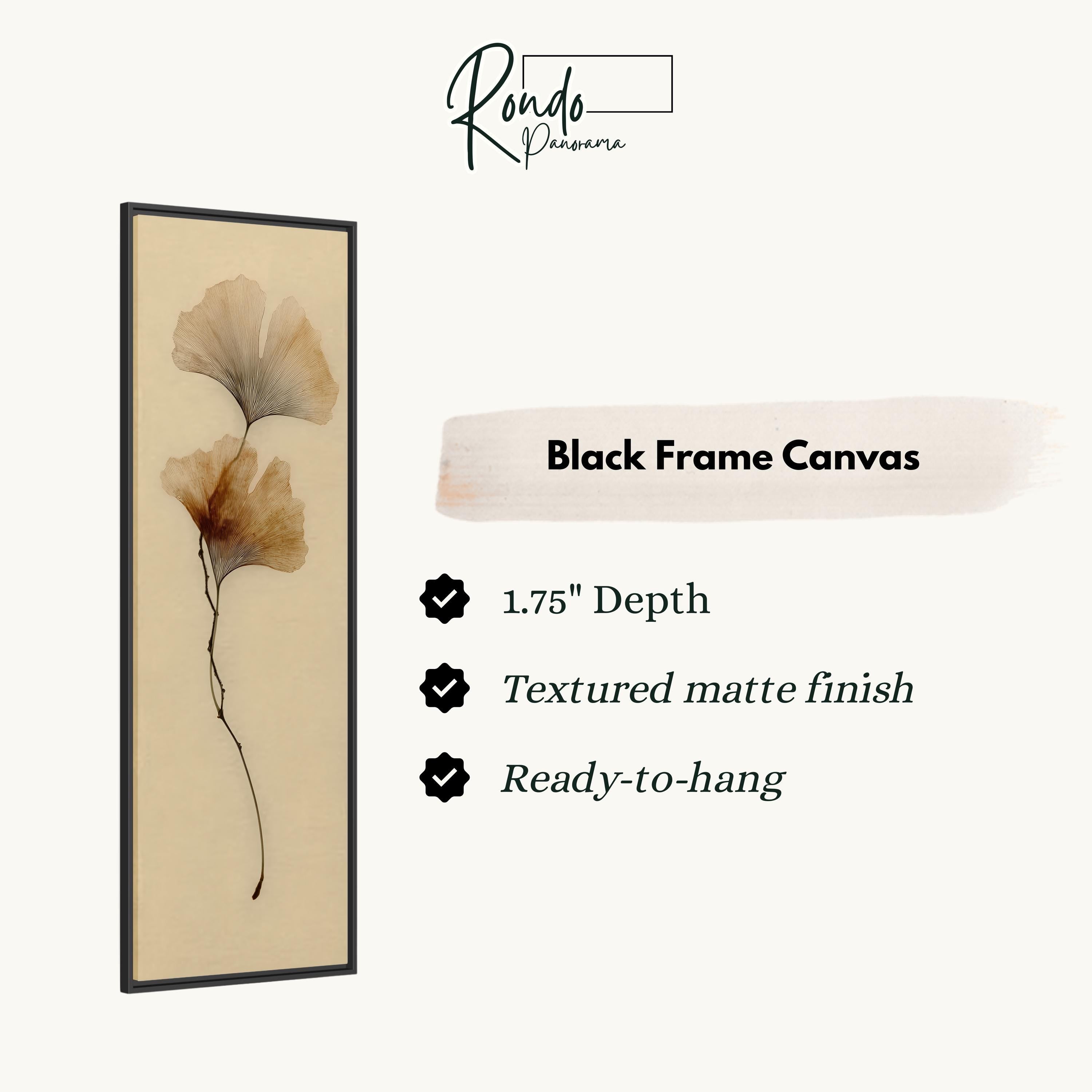 The image is a black frame canvas with a detailed image of a flower on it. The canvas is described as having a 1.75" depth, a textured matte finish, and is ready to hang.