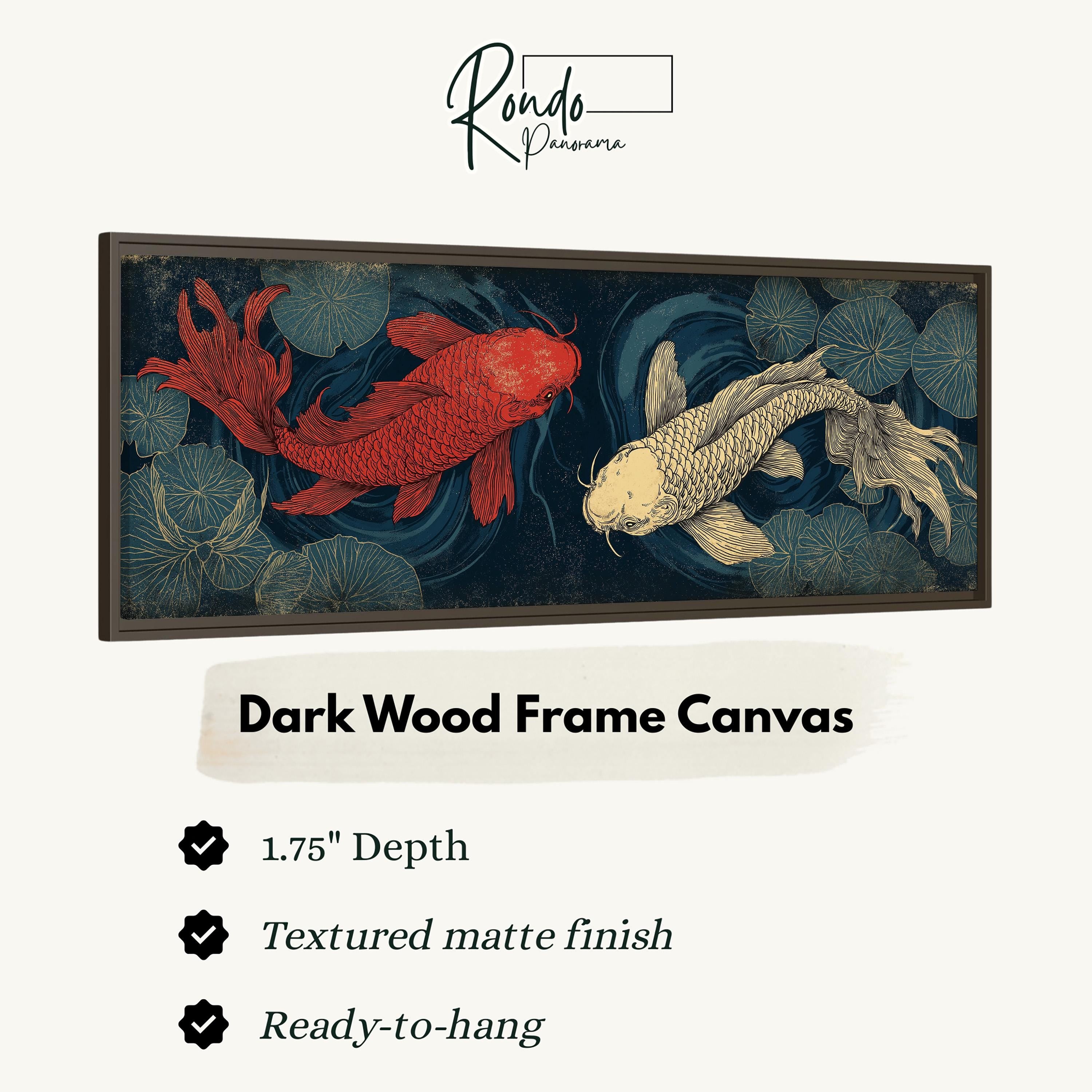 a dark wood frame canvas with a painting of two koi fish, one red and one white, swimming in a pond with lily pads.