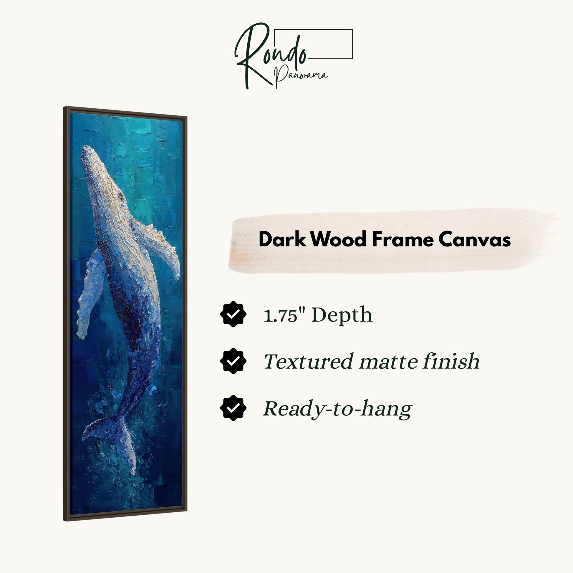 The image is a framed painting of a whale in the ocean, with a dark wood frame.